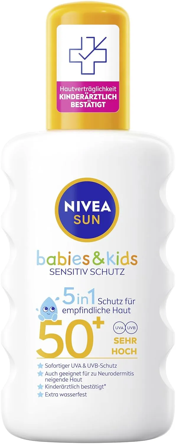 NIVEA SUN Babies & Kids Sensitiv Schutz 5in1 Sonnenspray LSF 50+, extra wasserfestes Sonnencreme Spray für Kinder, duft…