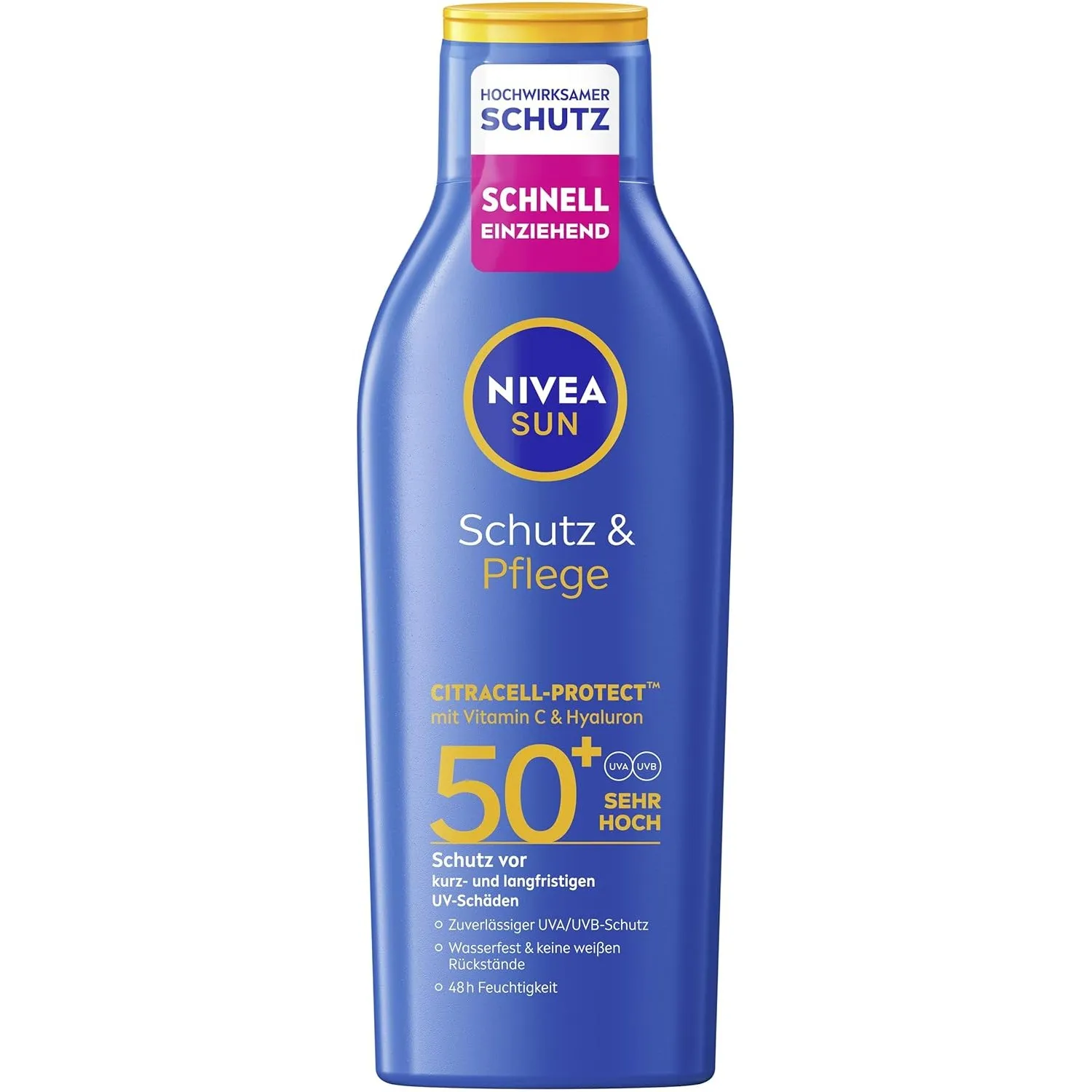 NIVEA SUN Schutz & Pflege Sonnenlotion LSF 50+, wasserfester Sonnenschutz mit Vitamin C & Hyaluron, schnell einziehende…
