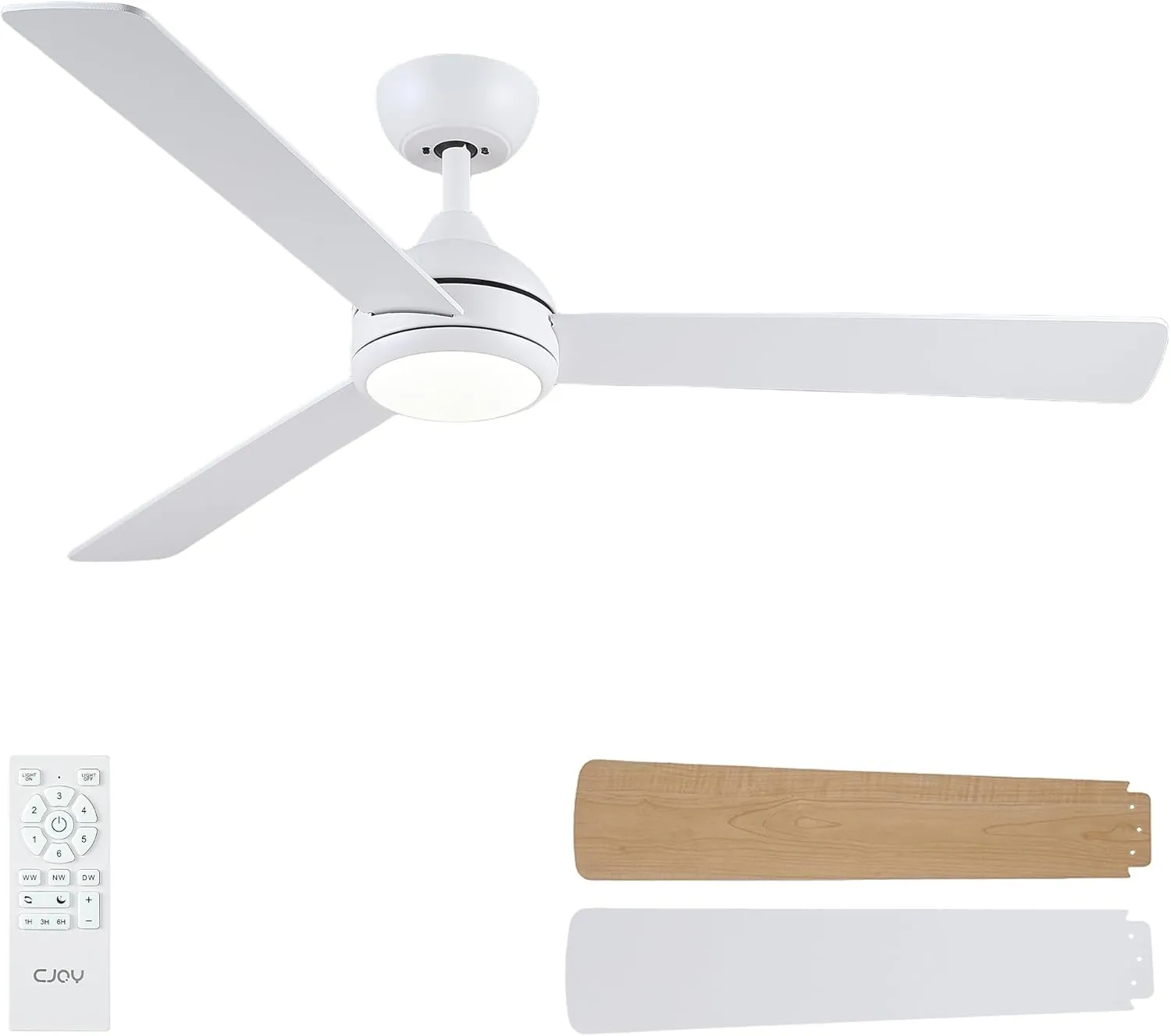 CJOY Ceiling Fan with Remote Control, 132 cm, White Ceiling Fan with Lighting, Quiet, Switchable 3 Blades, Dimmable, Me…
