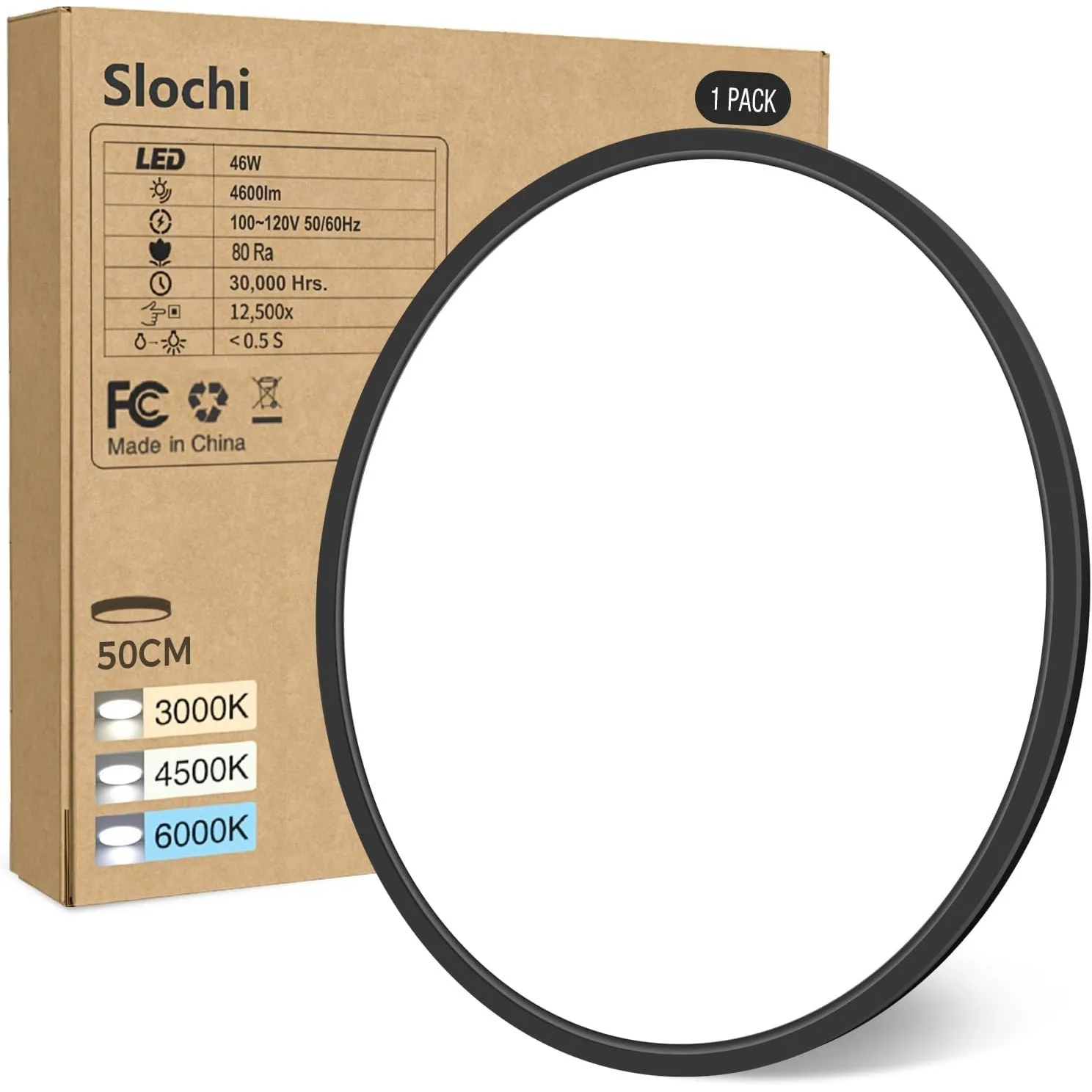 slochi Deckenlampe LED Deckenleuchte Flach, Ø50CM 3Farben 46W Schwarz