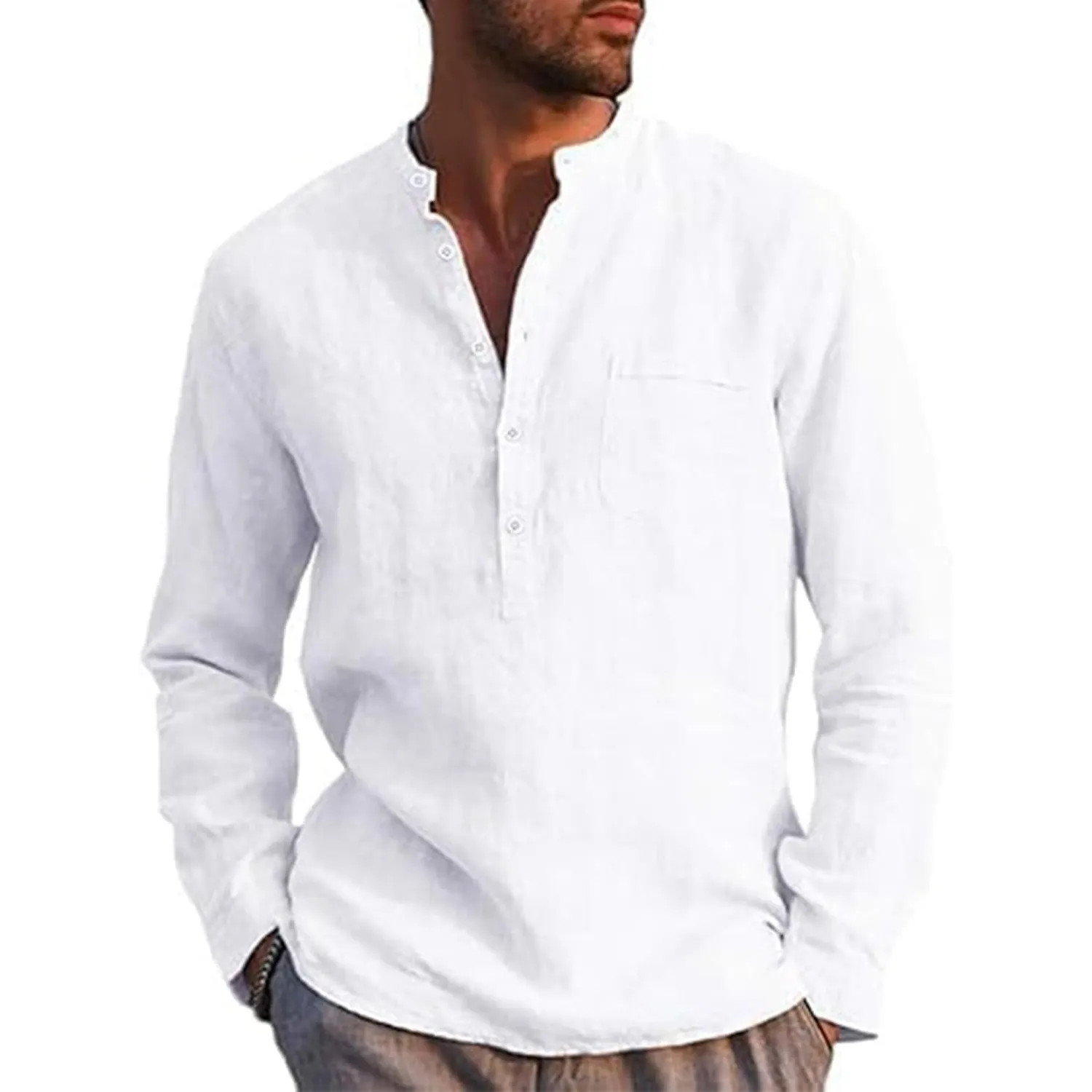 Runcati Herren Leinenhemd Langarm Baumwolle Leinen Shirt Männer Freizeithemd Regular Fit Strand Sommerhemd