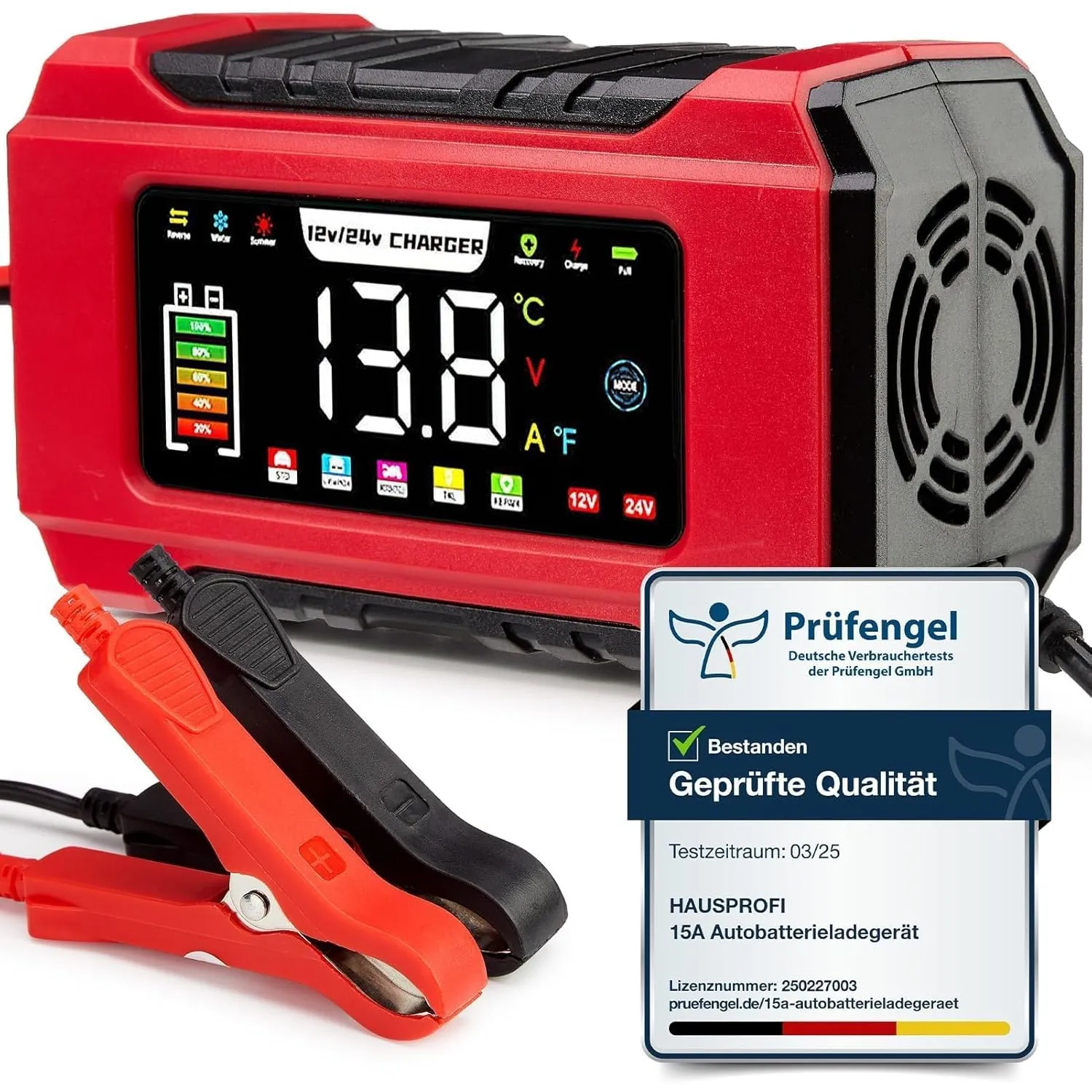 HAUSPROFI 15A Autobatterieladegerät 12V/24V mit Reparaturmodus & Erhaltungsladung, 9-Stufen-Ladung, LCD-Display für Aut…