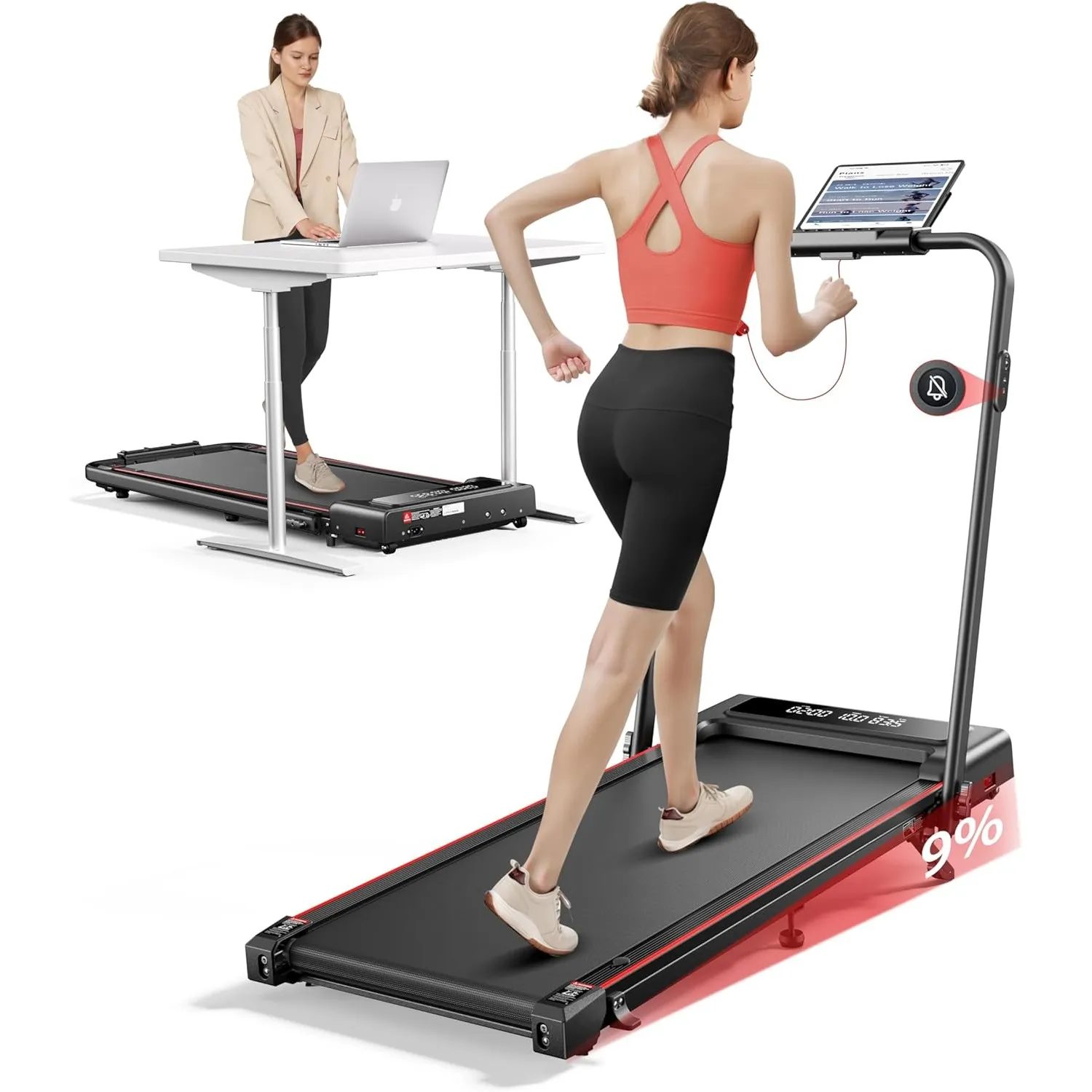 Laufband für Zuhause mit 9% Neigung, 12 km/h Klappbar Laufband mit Steigung, 2.5HP Leiser Motor, 4 IN 1 Under Desk Schr…