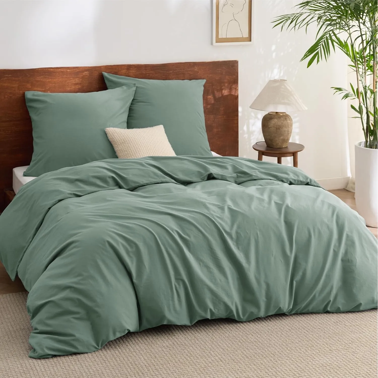 BEDSURE Bettwäsche 155x220 Baumwolle 3teilig -Salbeigrün, 2 Kissen 80x80 cm