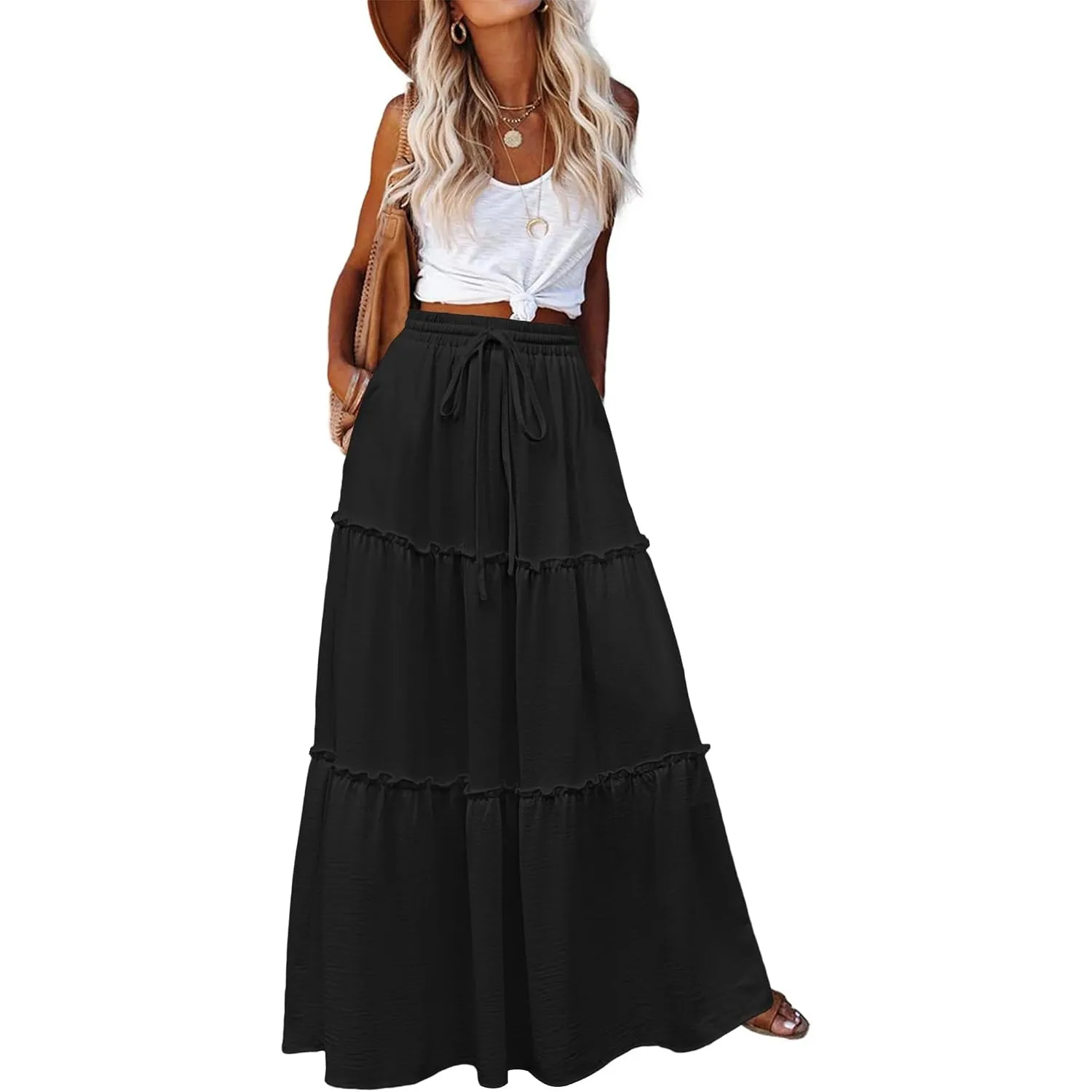 Hotouch Rock Damen Sommer Hohe Taille Röcke Elegant Maxirock mit Kordelzug | A-Linie Schichtung Sommerrock丨Blumen Boho …