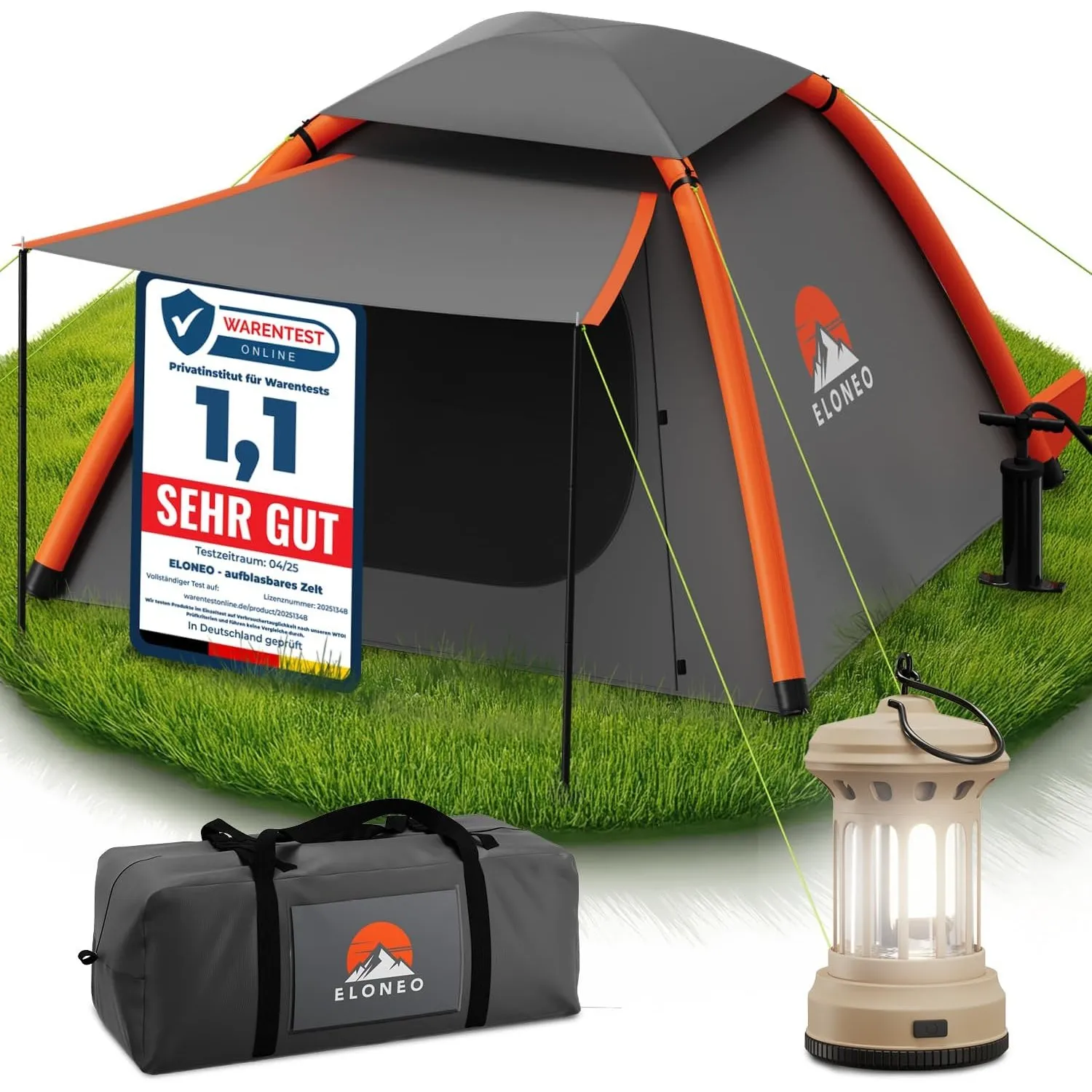 ELONEO aufblasbares Zelt für 1-4 Personen mit Vordach & Luftpumpe, Camping Zelt wasserdicht, Luftzelt Ultraleicht, Infl…