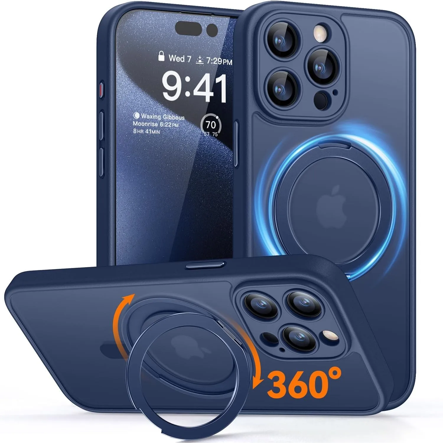 CANSHN 360° Ständer für iPhone 15 Pro Max Hülle, Matt Dunkelblau