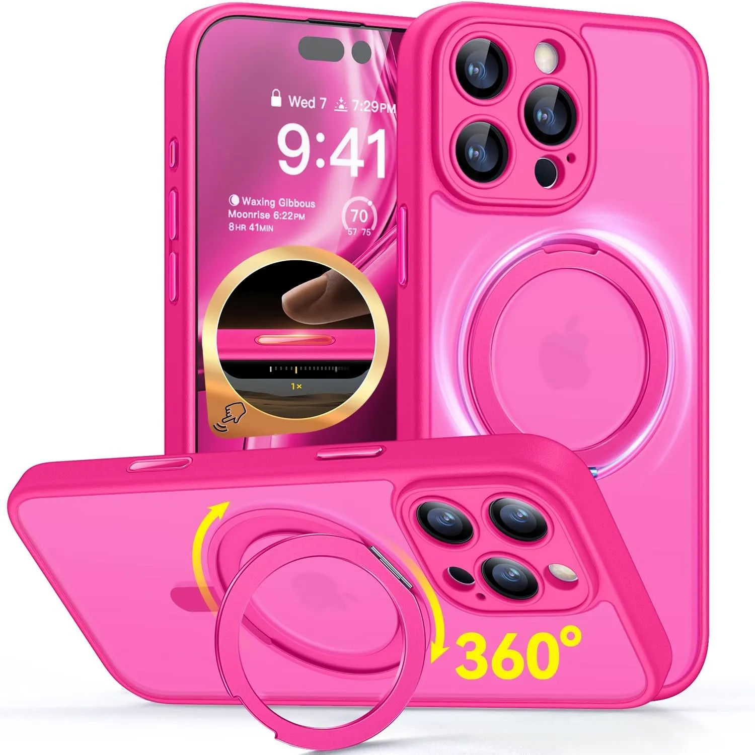 CANSHN 360° Ständer für iPhone 16 Pro Max Hülle, Matt Leuchtend Rosa