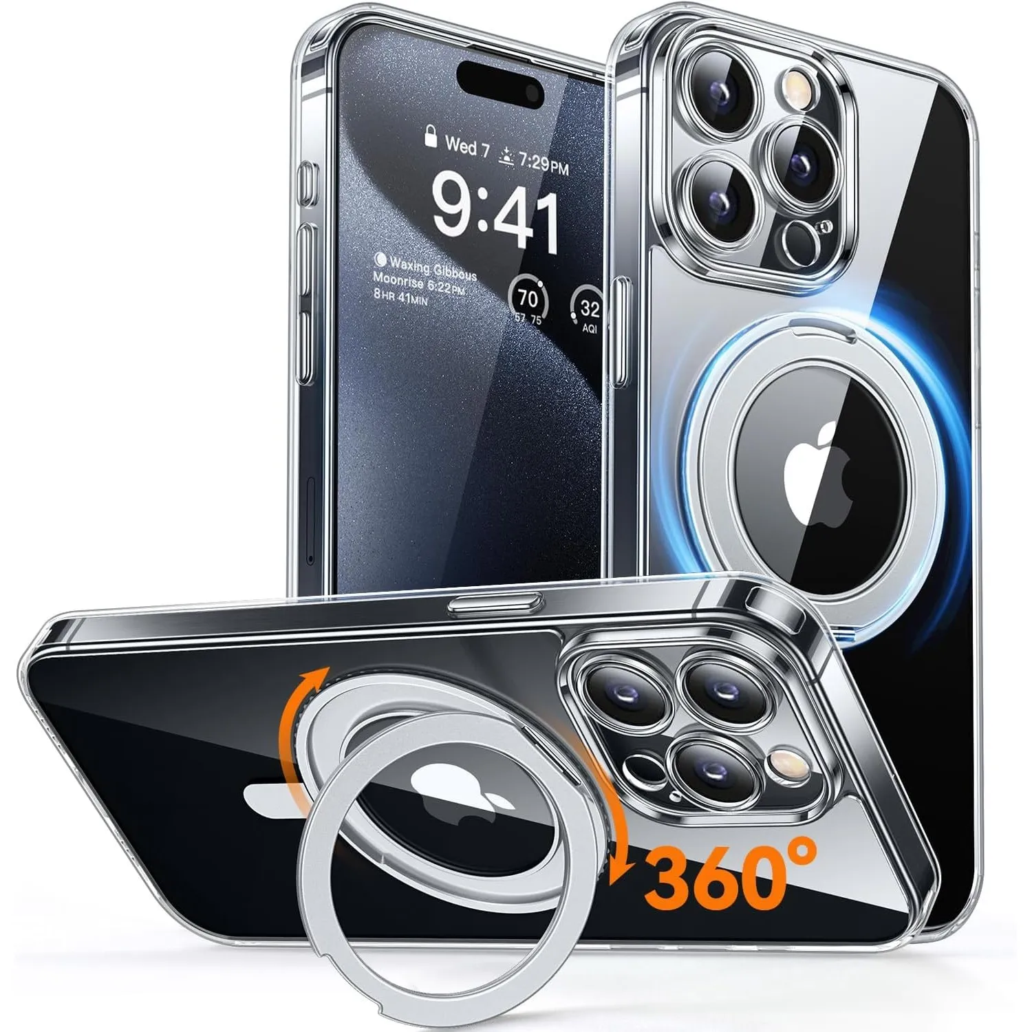 CANSHN 360° Ständer für iPhone 15 Pro Hülle, Transparent