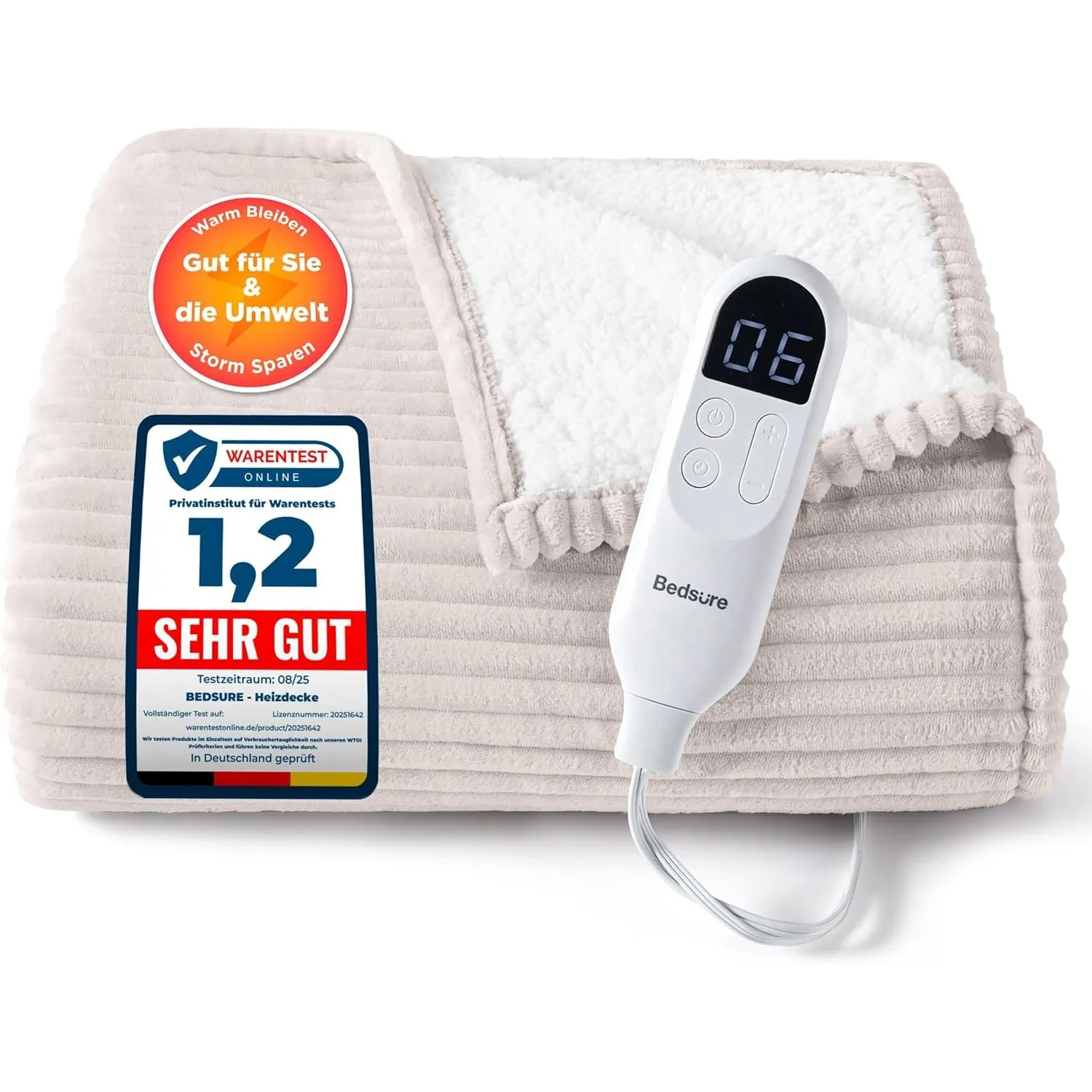 BEDSURE Heizdecke Elektrische Kuscheldecke - 200x180cm, Gestreift Natur