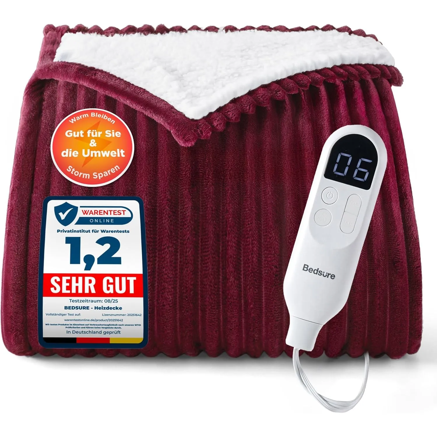 BEDSURE Heizdecke Elektrische Kuscheldecke - 130x180cm, Gestreift Rot