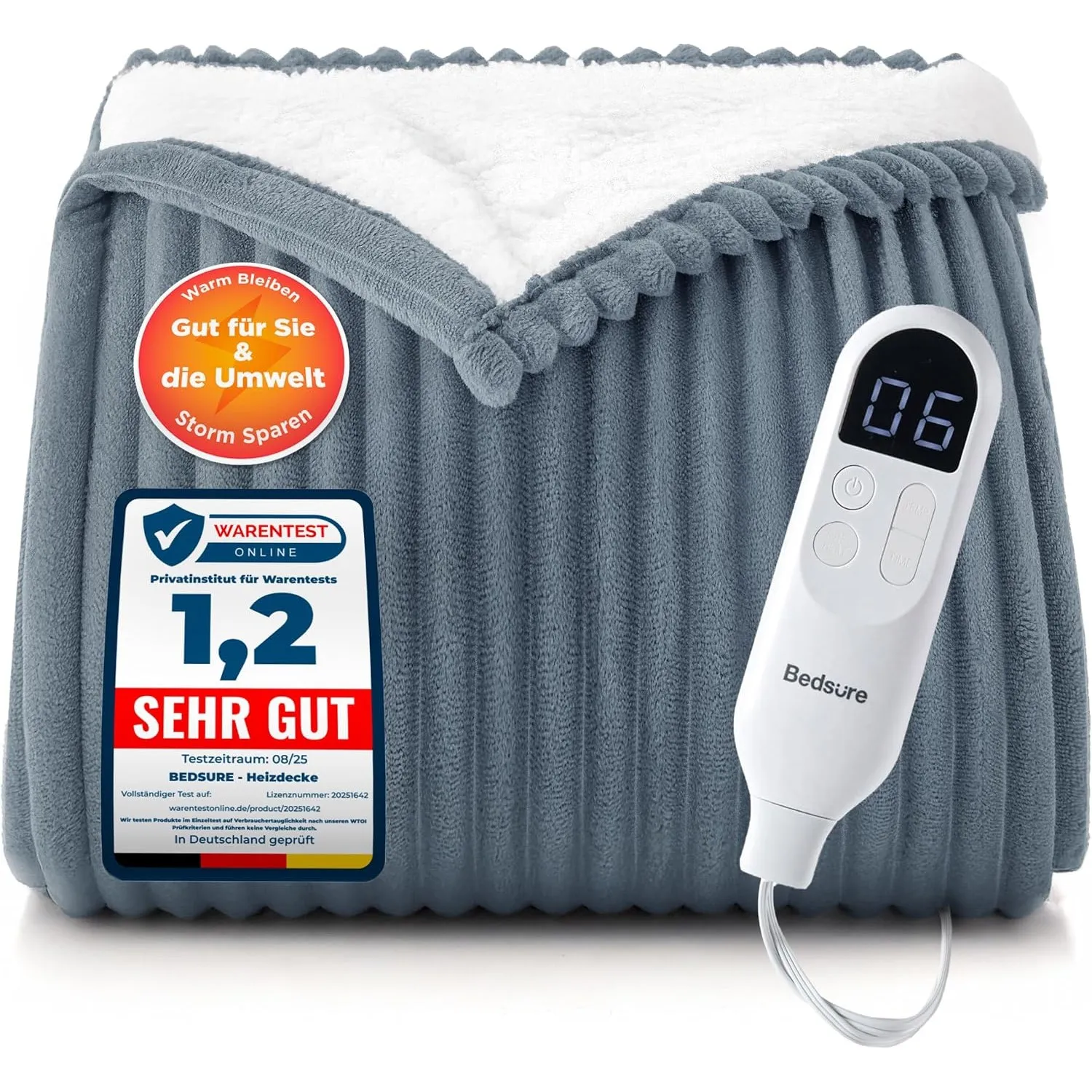 BEDSURE Heizdecke Elektrische Kuscheldecke - 200x180cm, Gestreift Grau