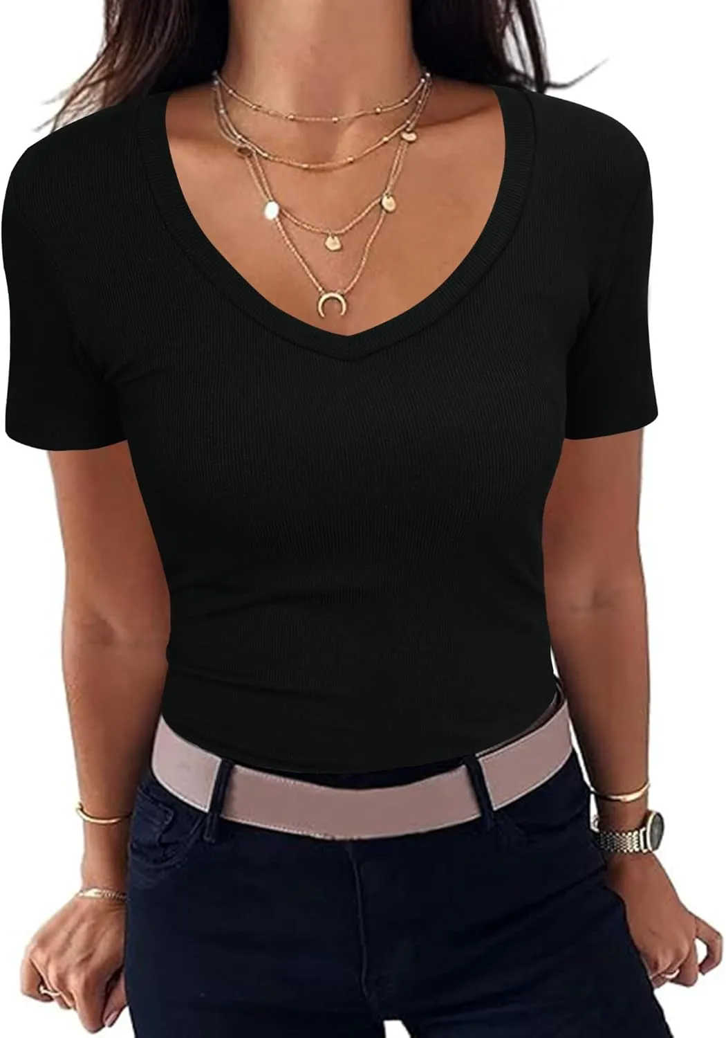 Aottori Women's V-Neck Elegant Tops Short Sleeve Ribbed Basic Tee Shirts Slim Fit T-Shirt Stretch Casual Summer Tops
