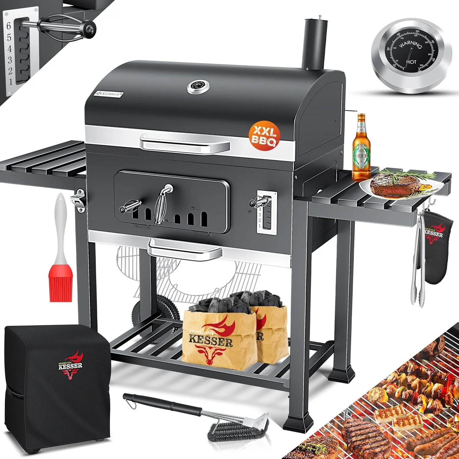 KESSER® Holzkohlegrill XXL Grillwagen Set mit Deckel & Thermometer – großer BBQ Kohlegrill Wagen, Smoker Grill mit Kami…