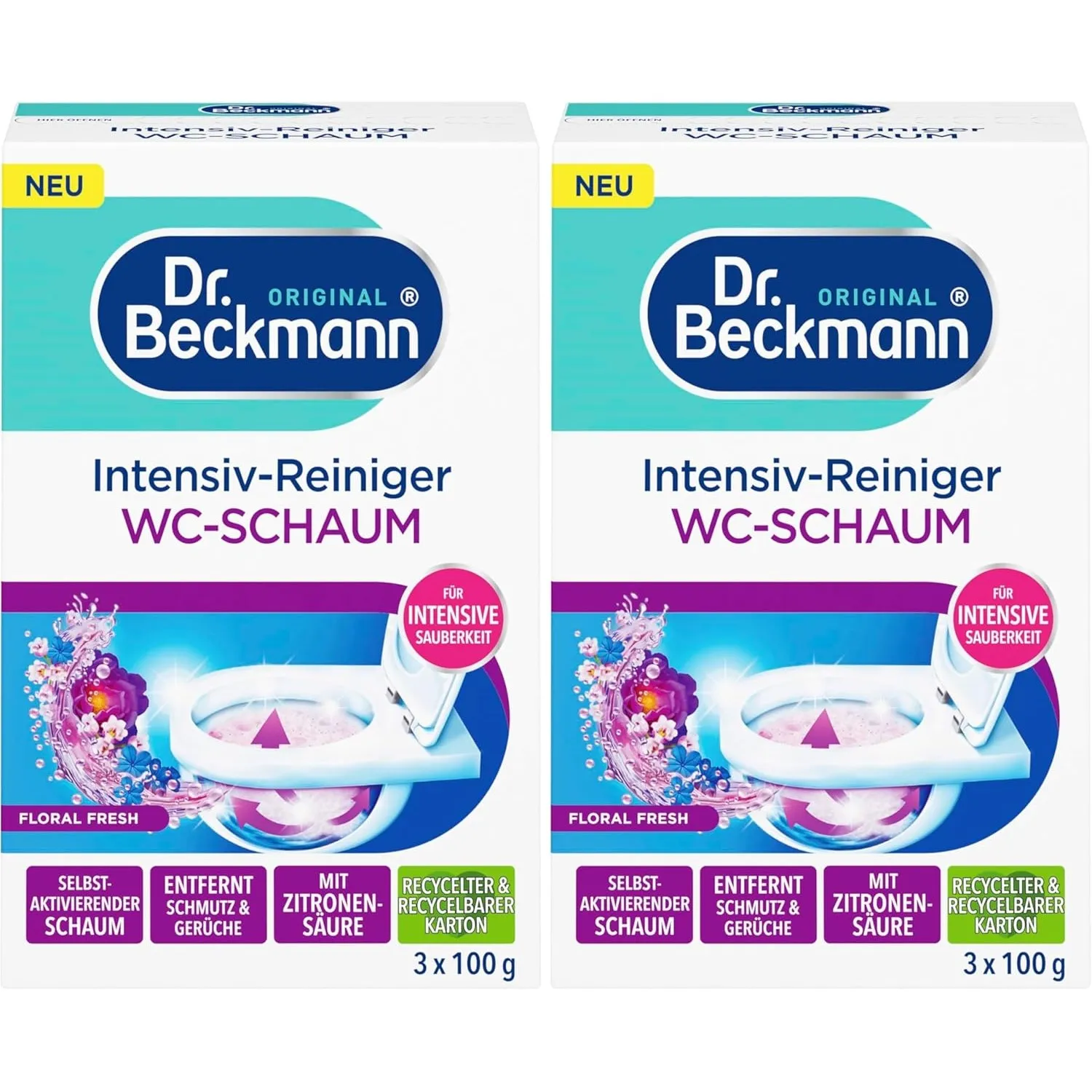 Dr. Beckmann Aktivkohle Wc-Schaum | Selbstaktivierender Schaum 3x 100 g | Floral Fres (Packung mit 2)