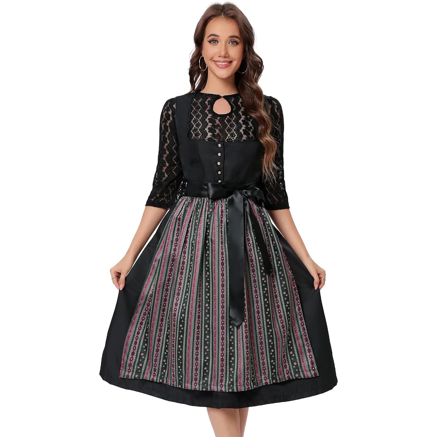 KOJOOIN Dirndl Damen Midi Trachtenkleid mit 3 Teilig Trachtenrock Dirndlbluse Dirndlschürze für Oktoberfest Dirndlkleid…