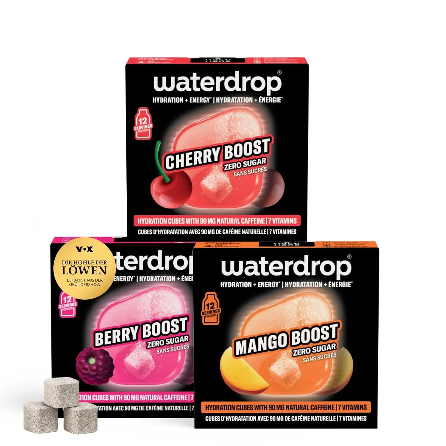 waterdrop® Microenergy Set, Energy Drink Pulver, 36 Würfel Getränkepulver, Mango, Kirsche & Brombeere Geschmack, Zucker…