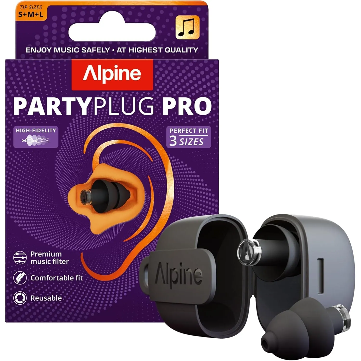 Alpine PartyPlug Pro Konzert Ohrstöpsel – 21dB Hi-Fi, 3 Größen – Schwarz
