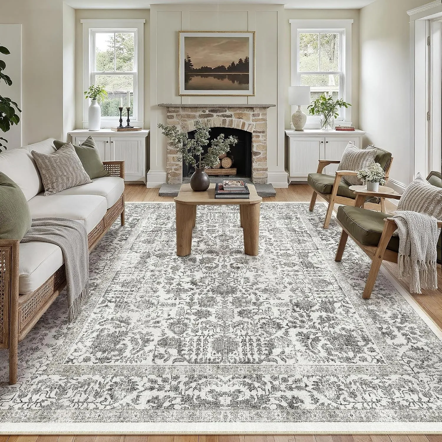 HUGEAR Schwarz Vintage Teppich Wohnzimmer 240x300cm Waschbar | Waschbarer Retro Teppich,Weich,Rutschfest Kurzflor,Groß,…