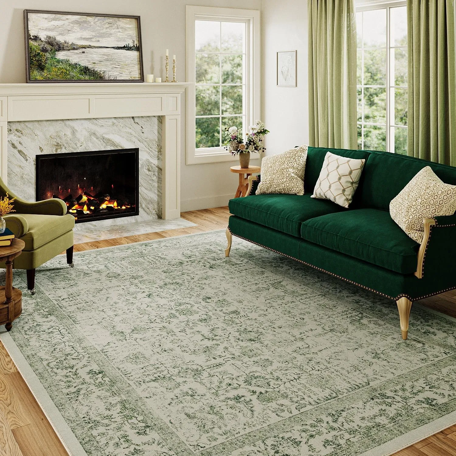 HUGEAR Grün Vintage Teppich Wohnzimmer 180x270cm Waschbar