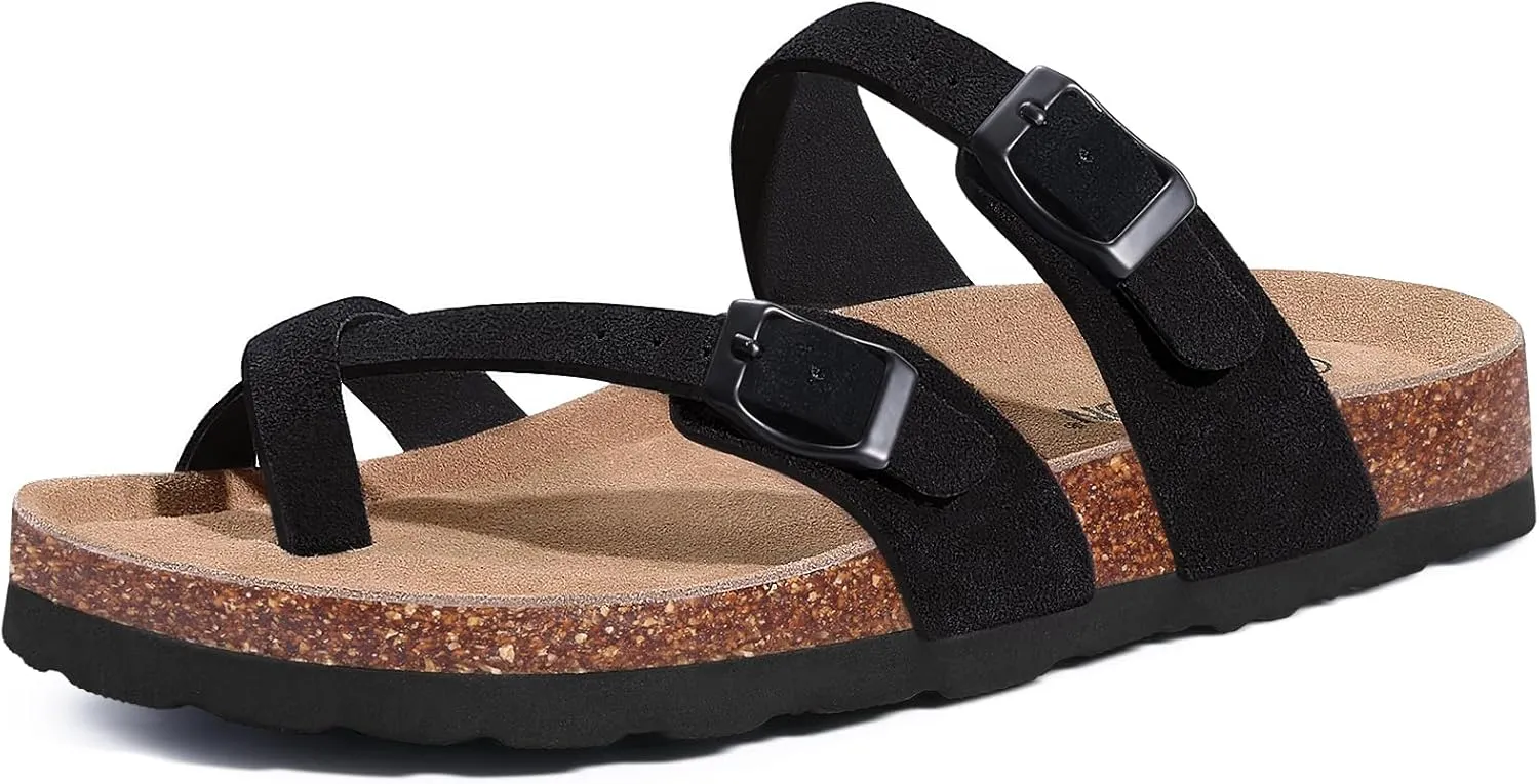 Litfun Women's Suede Mules Sandals with Cork Footbed, Summer Toe Separator Sandals with Adjustable Buckle