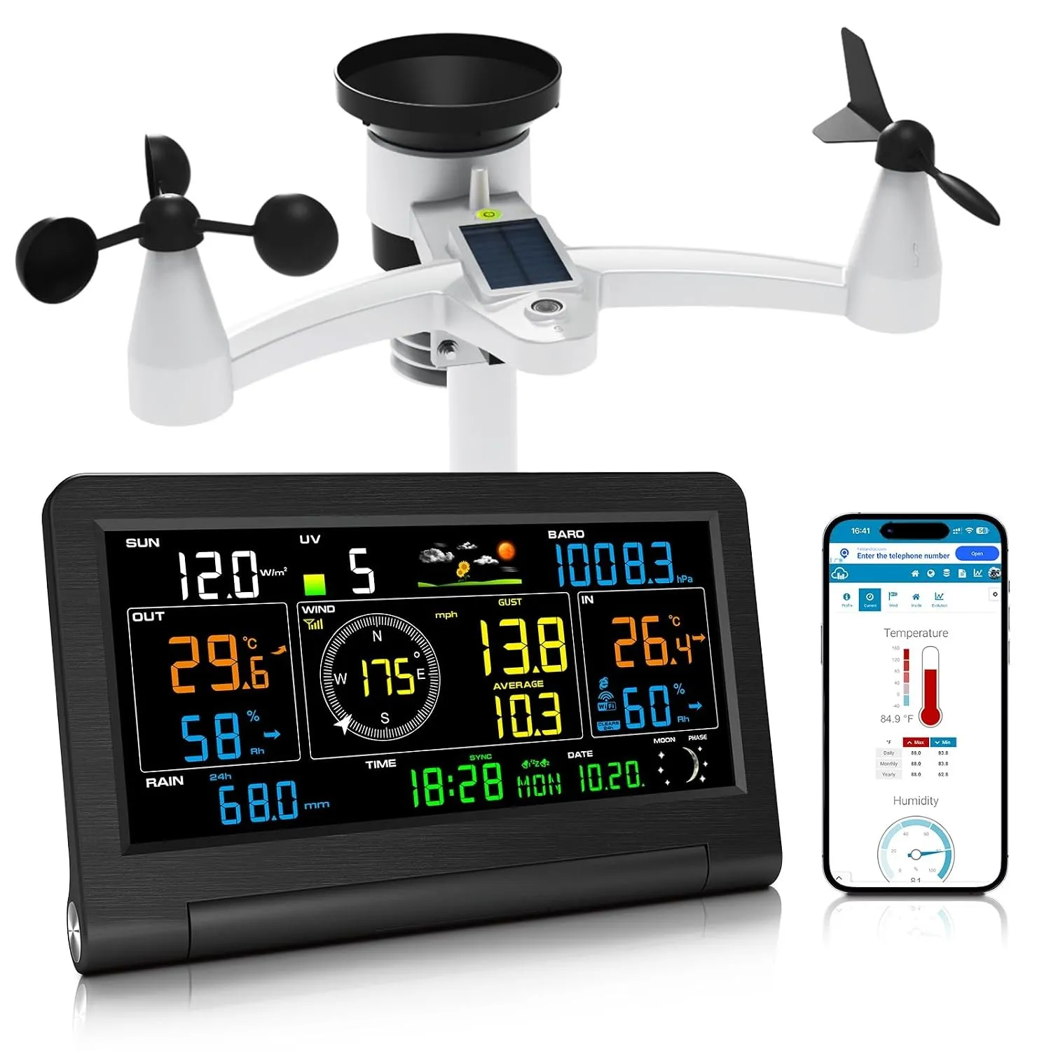 Urageuxy 14-in-1 Wetterstation Wlan, Wetterstation mit Regenmesser, Windmesser, Innen-/Außenthermometer, Hygrometer, Lu…
