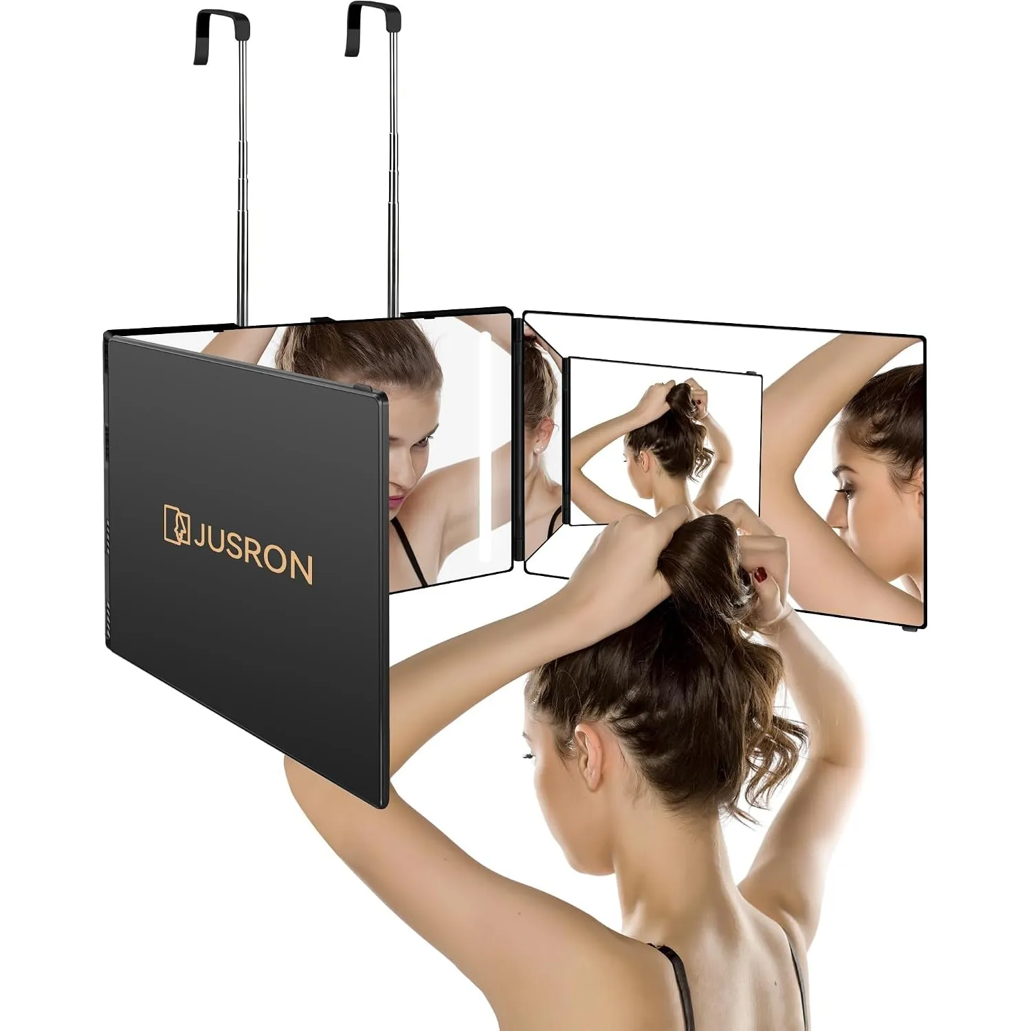 JUSRON 360° Friseurspiegel mit LED,3-teilig klappbar, höhenverstellbar