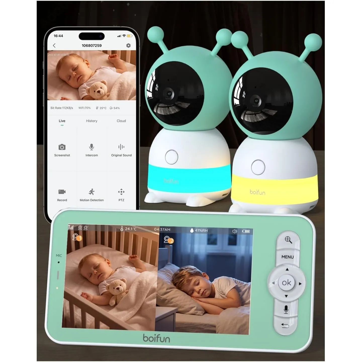 BOIFUN 2K WLAN Babyphone mit 2 Kameras, App und 5 Zoll Bildschirm