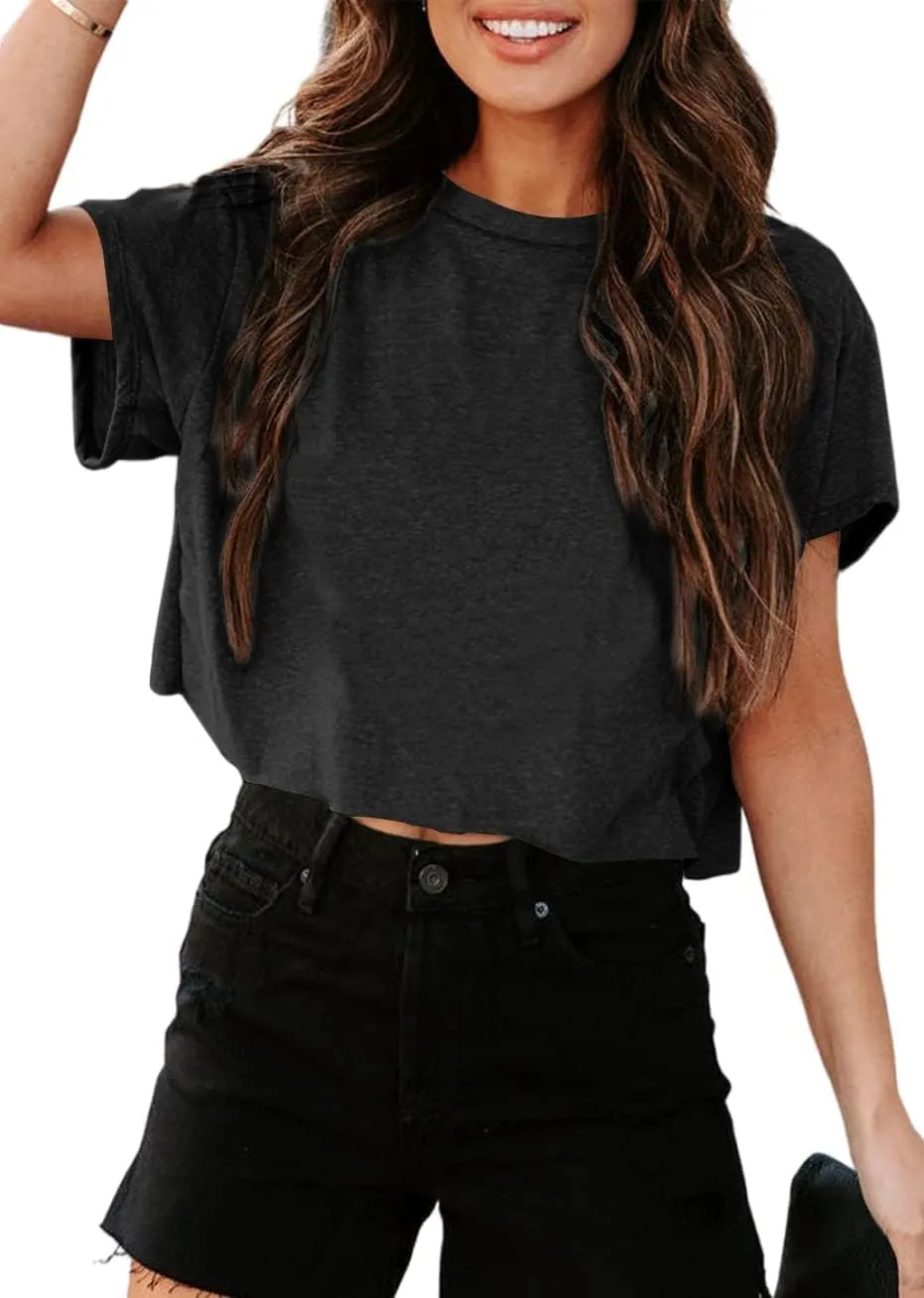 Tankaneo Crop Tops Women's Oversize Sports Tops Cropped Shirts Round Neck Loose Crop Summer Top Short T-Shirts
