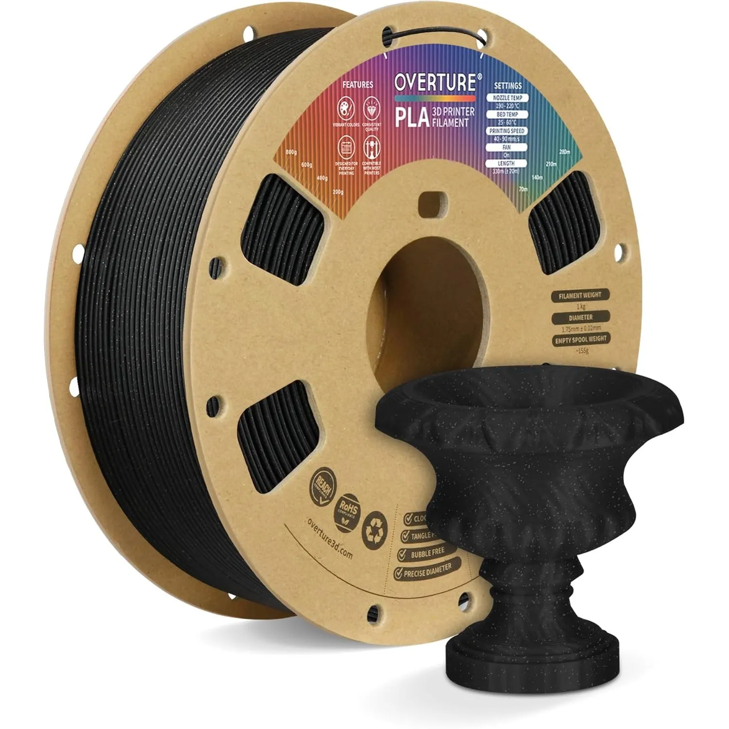 OVERTURE PLA Filament 1,75 mm Glitzer Schwarz | Glitzer-Effekt, 300 mm/s