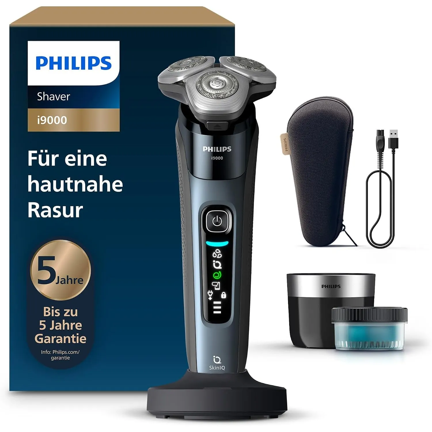 Philips Rasierer i9000, Elektrischer Nass-und Trockenrasierer für Herren mit integriertem Trimmer, taubenblau, Reinigun…