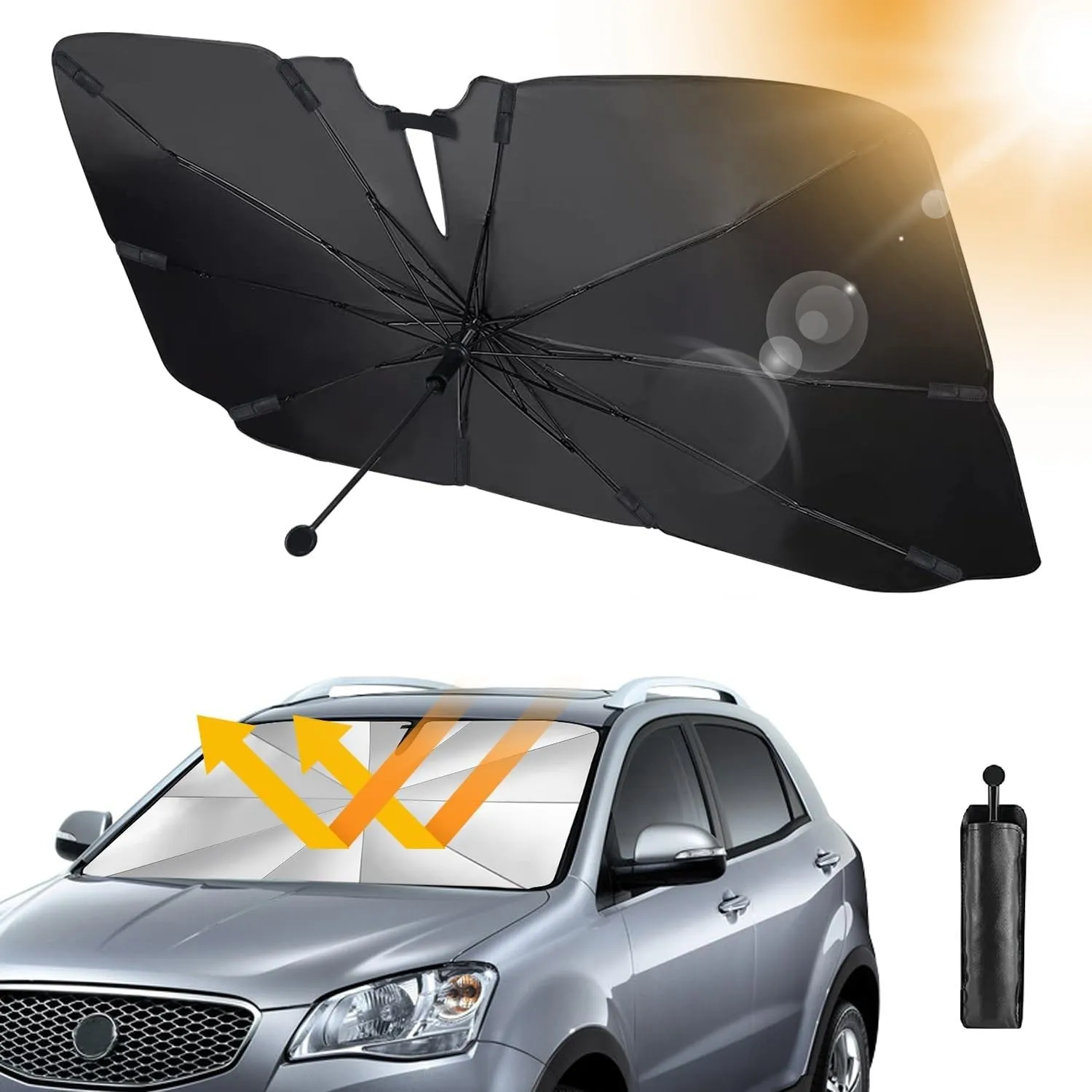RnCop Sonnenschutz Auto Frontscheibe, Upgrade 360° Drehbar Faltbar Auto-Sonnenschirm - Neues Carbonfaser-Skelett(145 x …