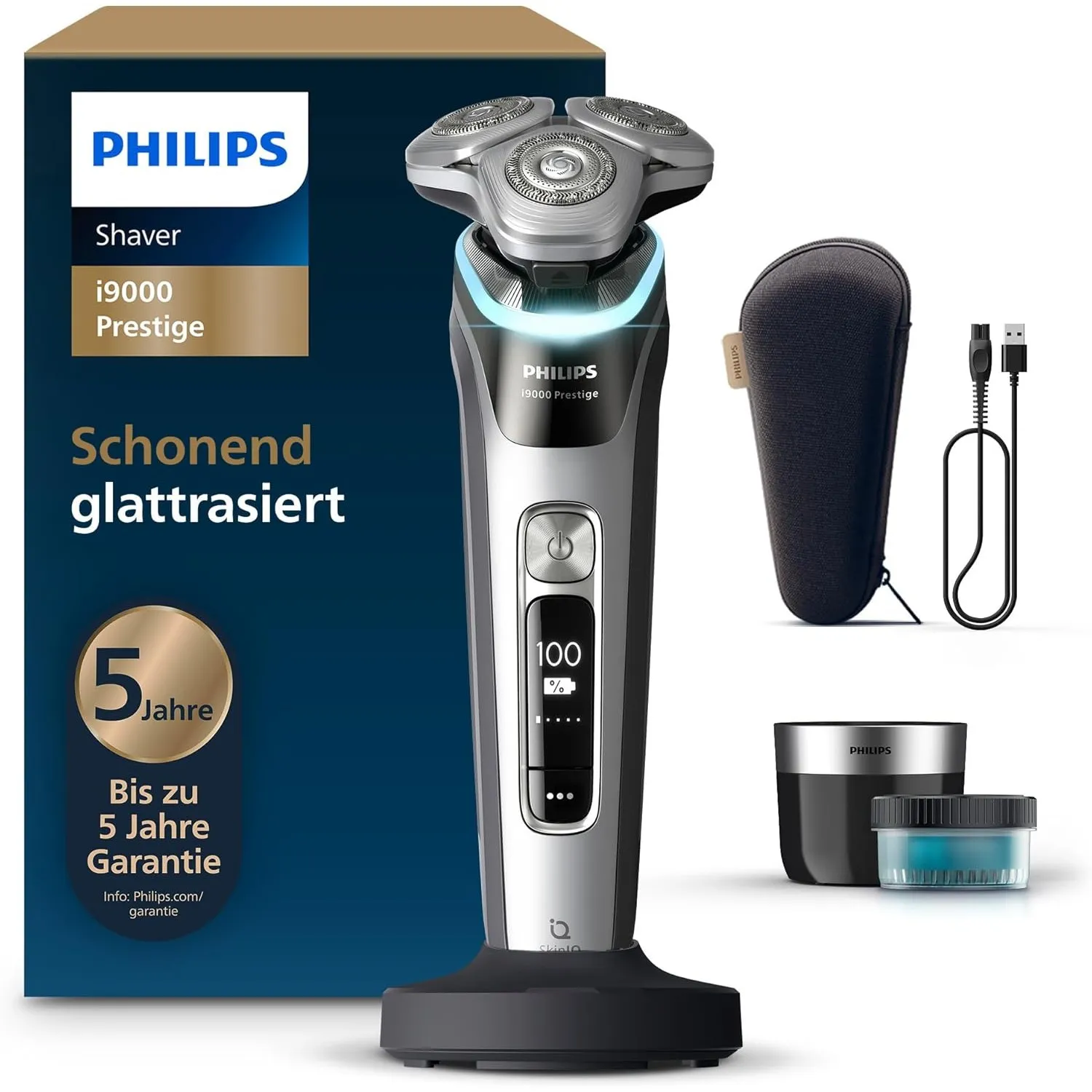 Philips elektrischer Rasierer i9000 Prestige, Nass- und Trockenrasierer für Herren mit integriertem Trimmer, grau-silbe…