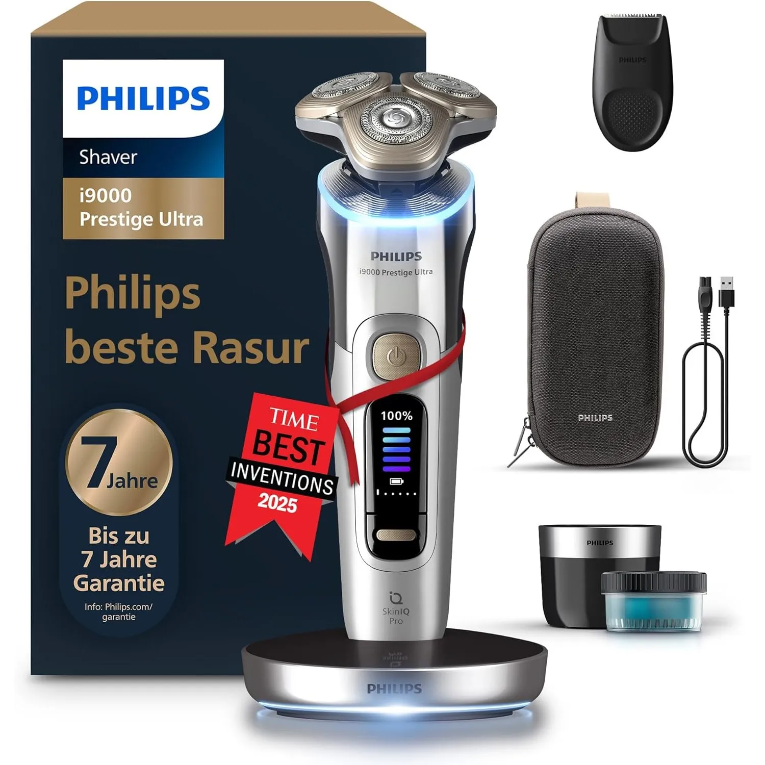 Philips elektrischer Rasierer i9000 Prestige Ultra, Nass- und Trockenrasierer für Herren, chrom, Druck- und Bewegungsse…
