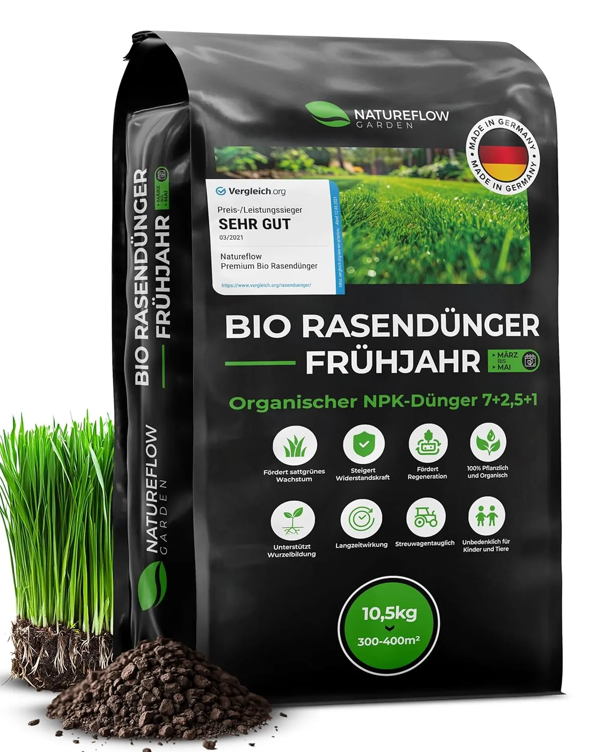 Bio-Rasendünger Frühjahr & Sommer – TESTSIEGER, Made in Germany – 10,5 kg für 400 m² – Organische Nährstoffversorgung f…