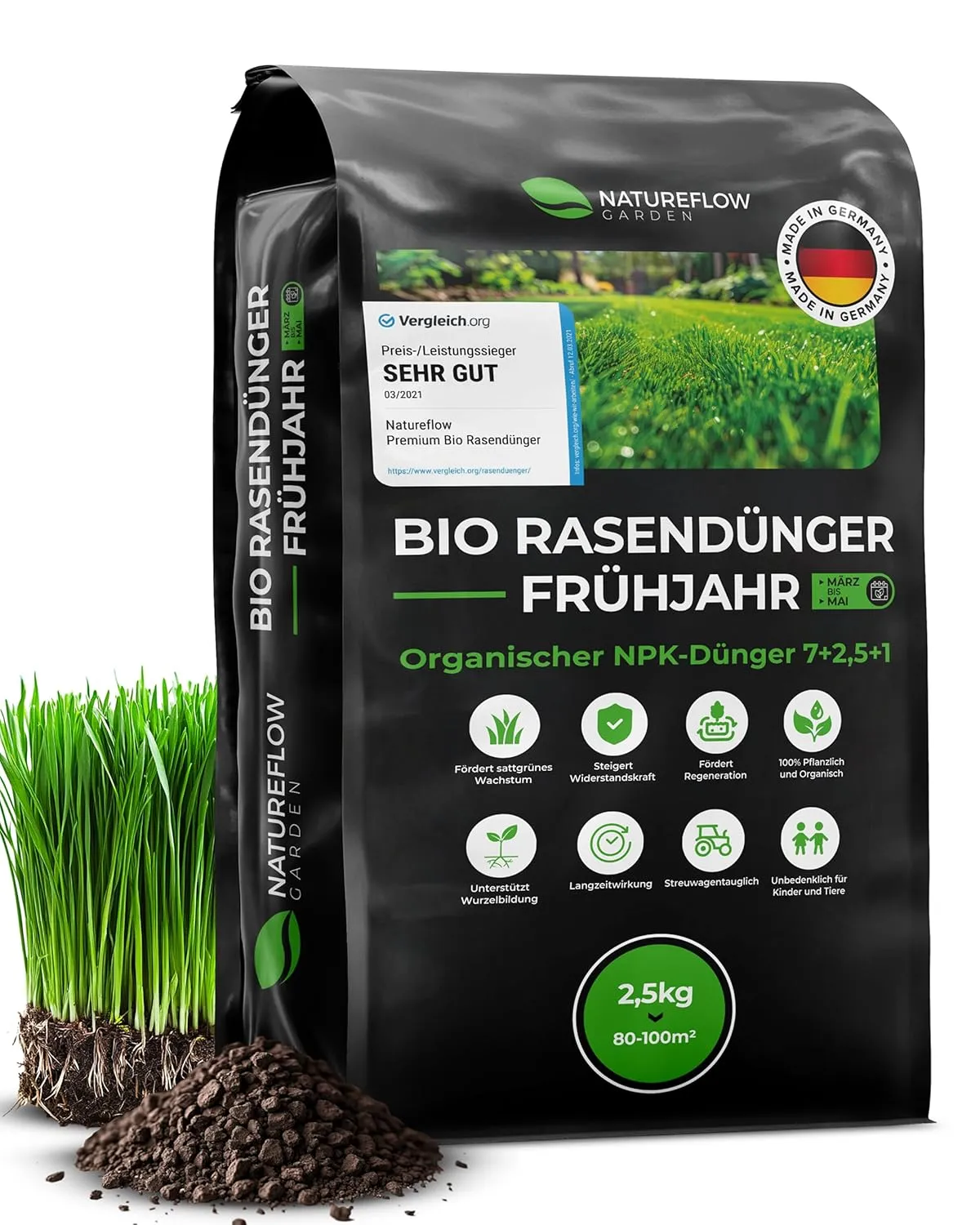 Organic Lawn Fertiliser Spring & Summer Test Winner Made in Germany - 2.5 kg for 100 m² - Organic Lawn Fertiliser Organ…