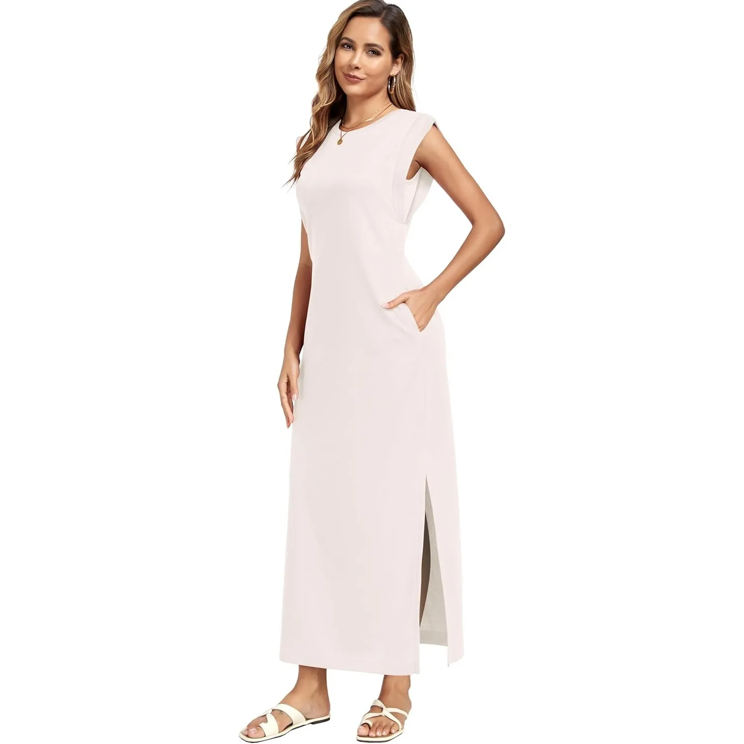 Damen Maxikleid ärmellos mit Rundhals und Seitenschlitz – Elegantes lässiges Kleid mit Zwei Taschen