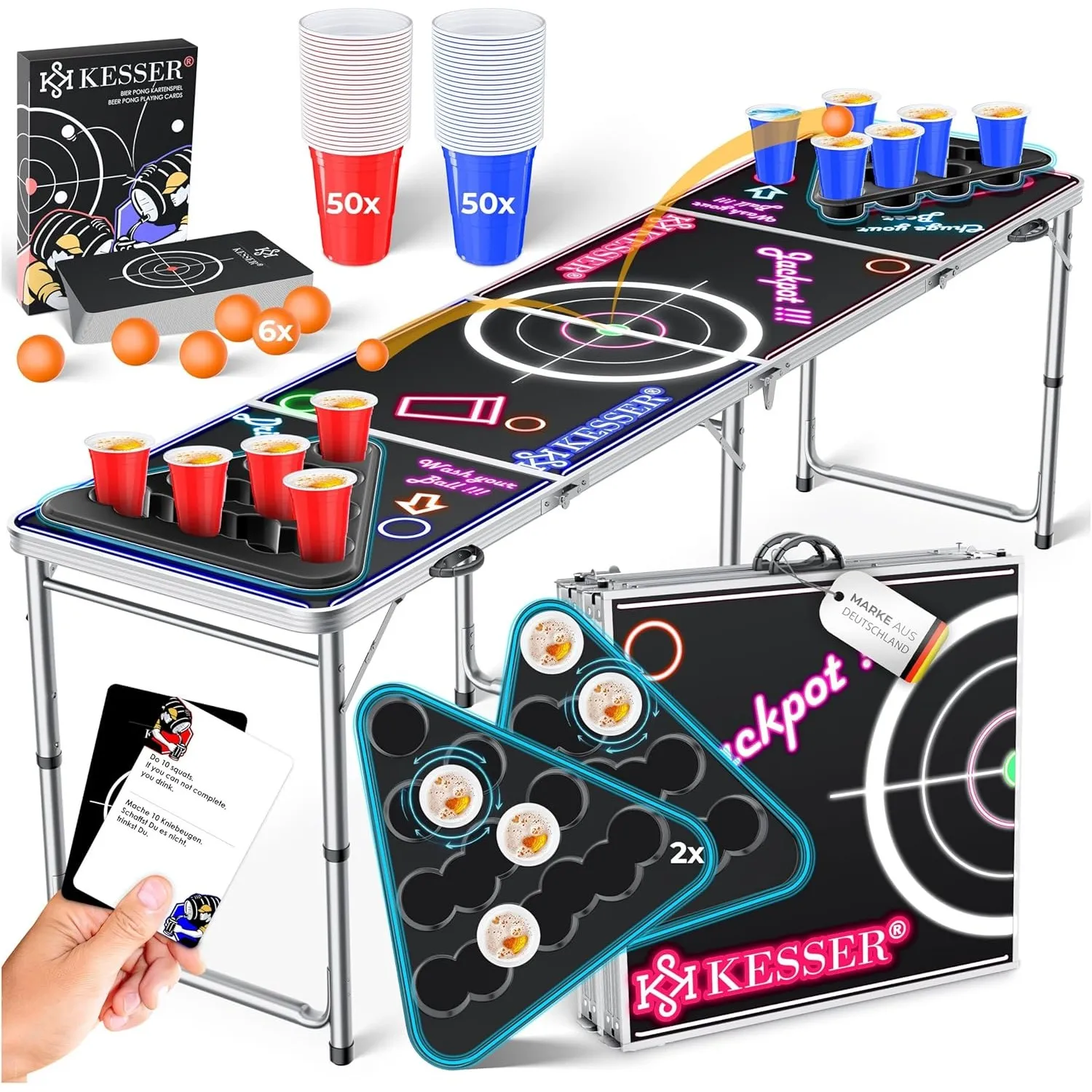 KESSER® Bier Pong Tisch Set LED mit Kartenspiel, Table Höhenverstellbar & Klappbar, Trinkspiel inkl. 100 Becher (50 Rot…