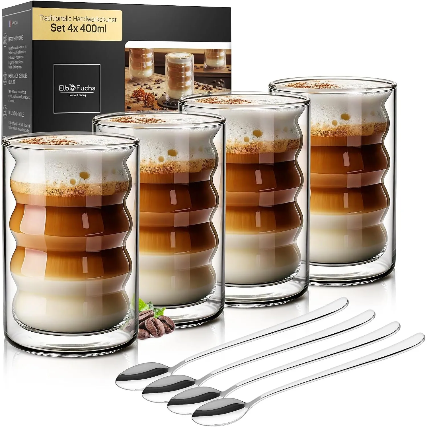 ElbFuchs® Latte Macchiato Bubble-Gläser Set [4×400 ml] Doppelwandige Thermogläser, kristallklar mit Löffeln | Cappuccin…