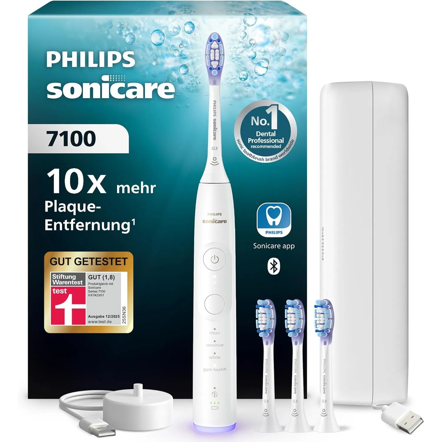 Philips Sonicare 7100 elektrische Zahnbürste, Schallzahnbürste mit App, 4 Putzmodi und 3 Intensitätsstufen, Andruckkont…
