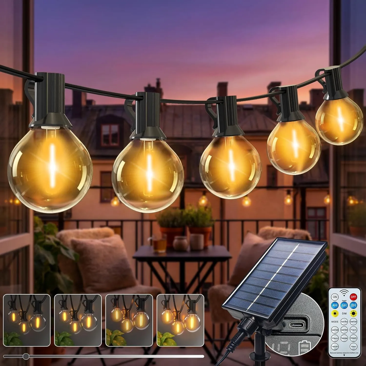 kolpop Lichterkette Außen Solar, 15M 8 Modi G40 Dimmbar Glühbirnen Solar Lichterkette Aussen Wetterfest, Wasserdicht So…