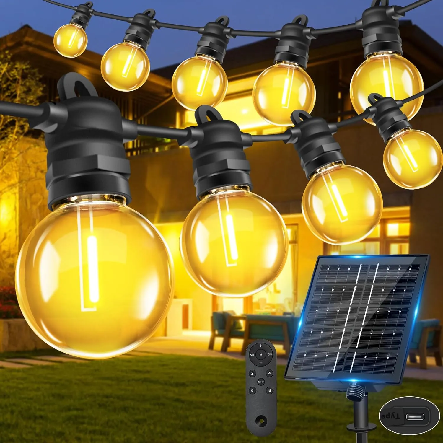 Bowfar Outdoor Solar Fairy Lights, 15 m, 25 + 2 G40 Bulbs, Solar Fairy Lights, Outdoor with Remote Control, IP68 Weathe…