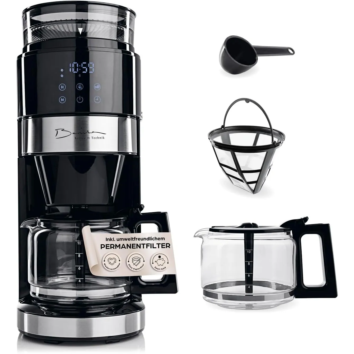 Barista Filterkaffeemaschine mit verstellbarem Mahlwerk (Pro Design) | Warmhaltefunktion, 24h Timer & Permanentfilter |…