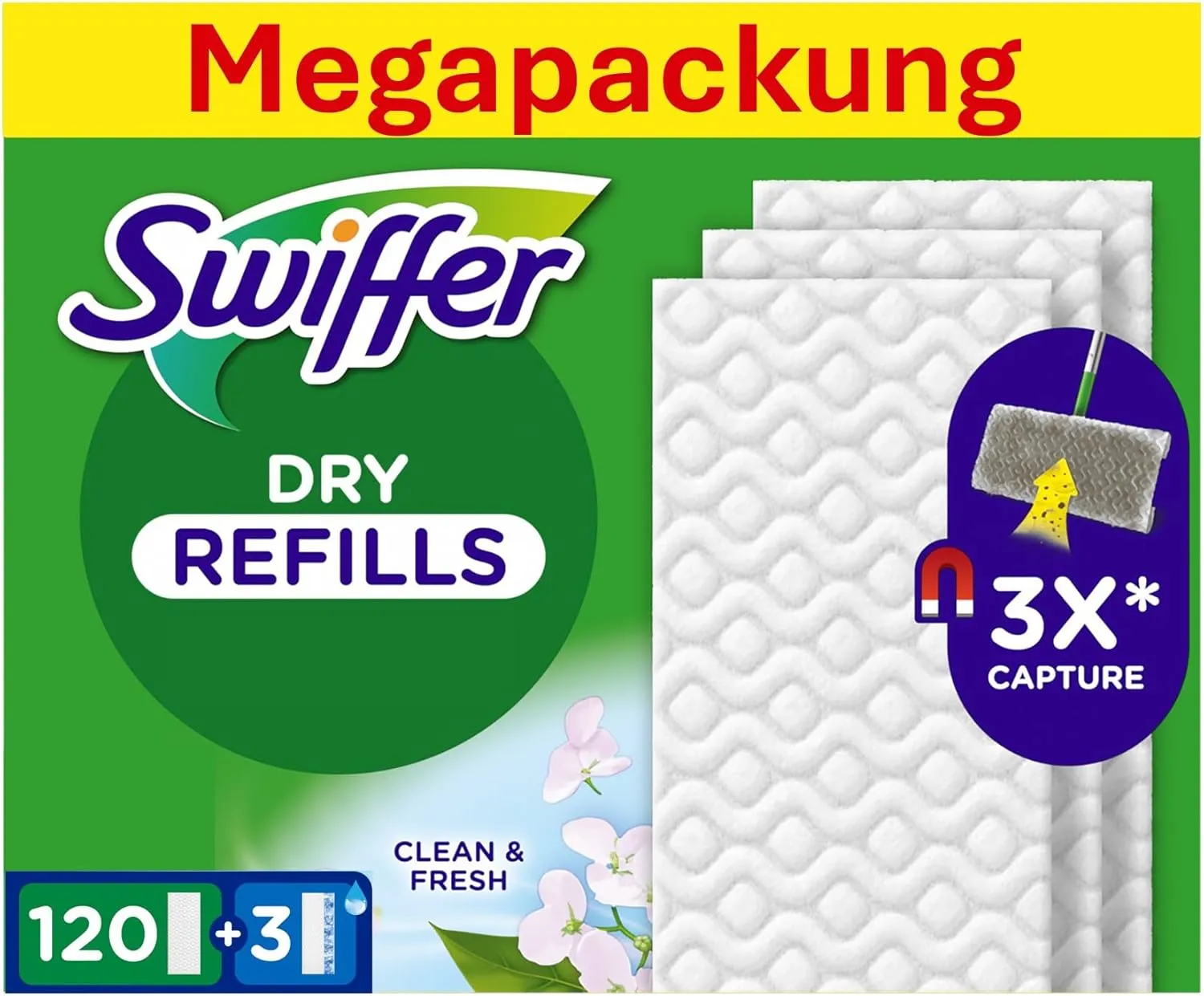 Swiffer Bodenwischer Nachfüllpackung, 120 Trockene Und 3 Feuchte Bodentücher, Nimmt Schmutz Auf Und Schließt Ihn Ein