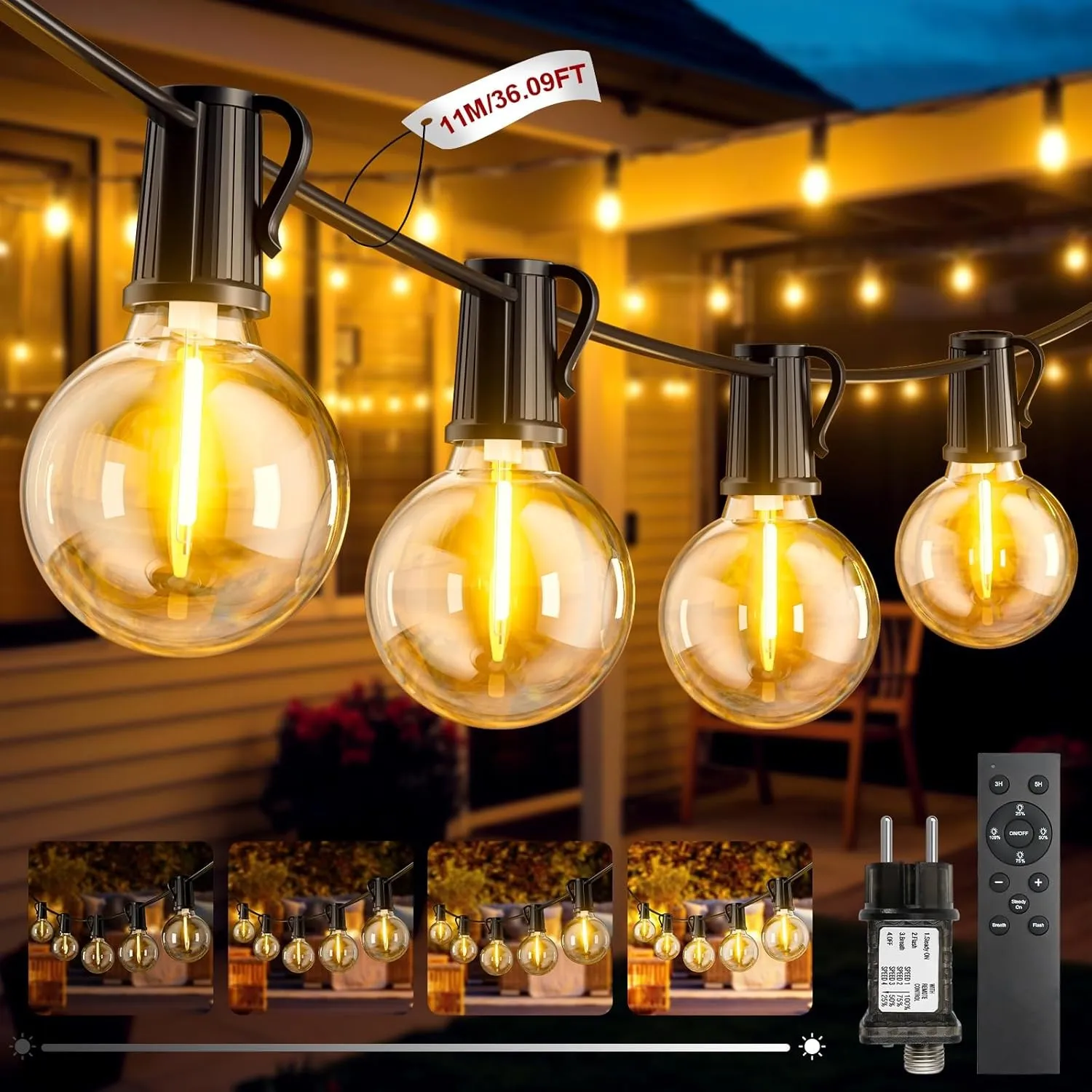 LED Lichterkette Außen, 11M/36.09FT Outdoor Lichterkette mit Timer, 15+1 G40 Lichterketten Glühbirnen Dimmbar, IP44 Was…