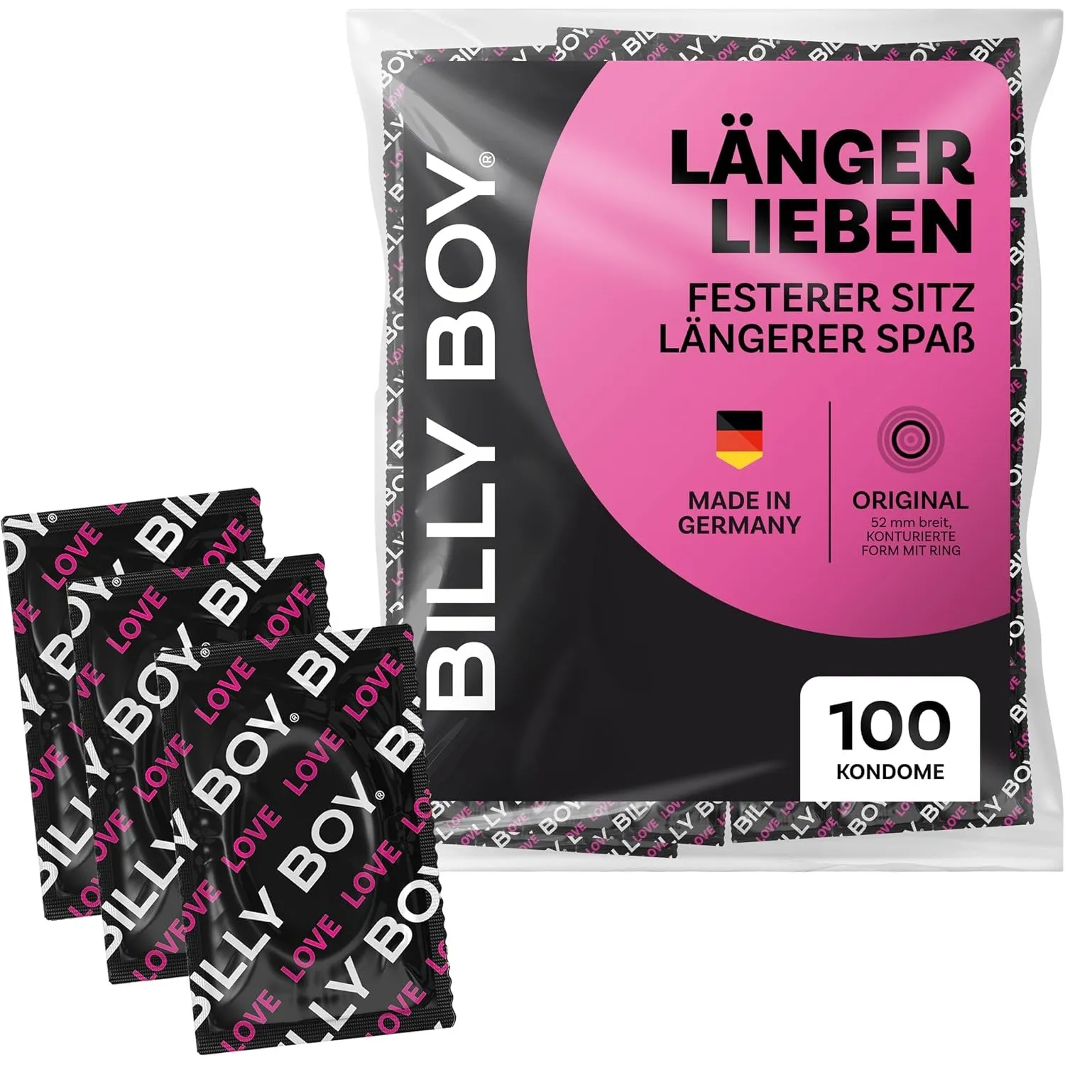BILLY BOY Kondome Länger Lieben 100er | 52 mm | ORIGINAL mit Ring | Kondome für ein längeres und intensiveres Erlebnis …