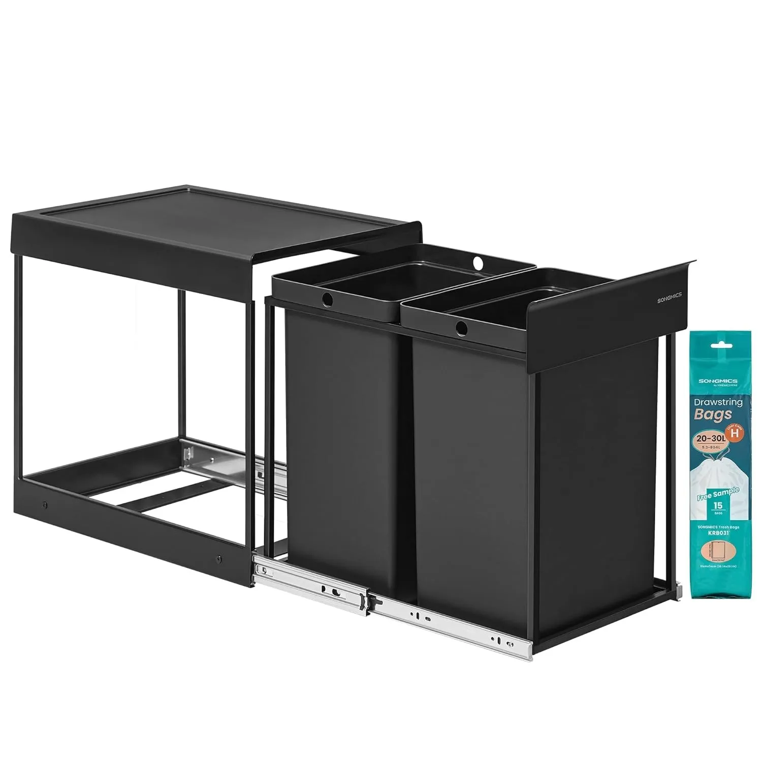 SONGMICS Mülleimer küche, Mülltrennsystem für Unterschrank, 2 x 20 L, Abfalleimer 2 Fächer, ausziehbar, Stahlrahmen, AB…