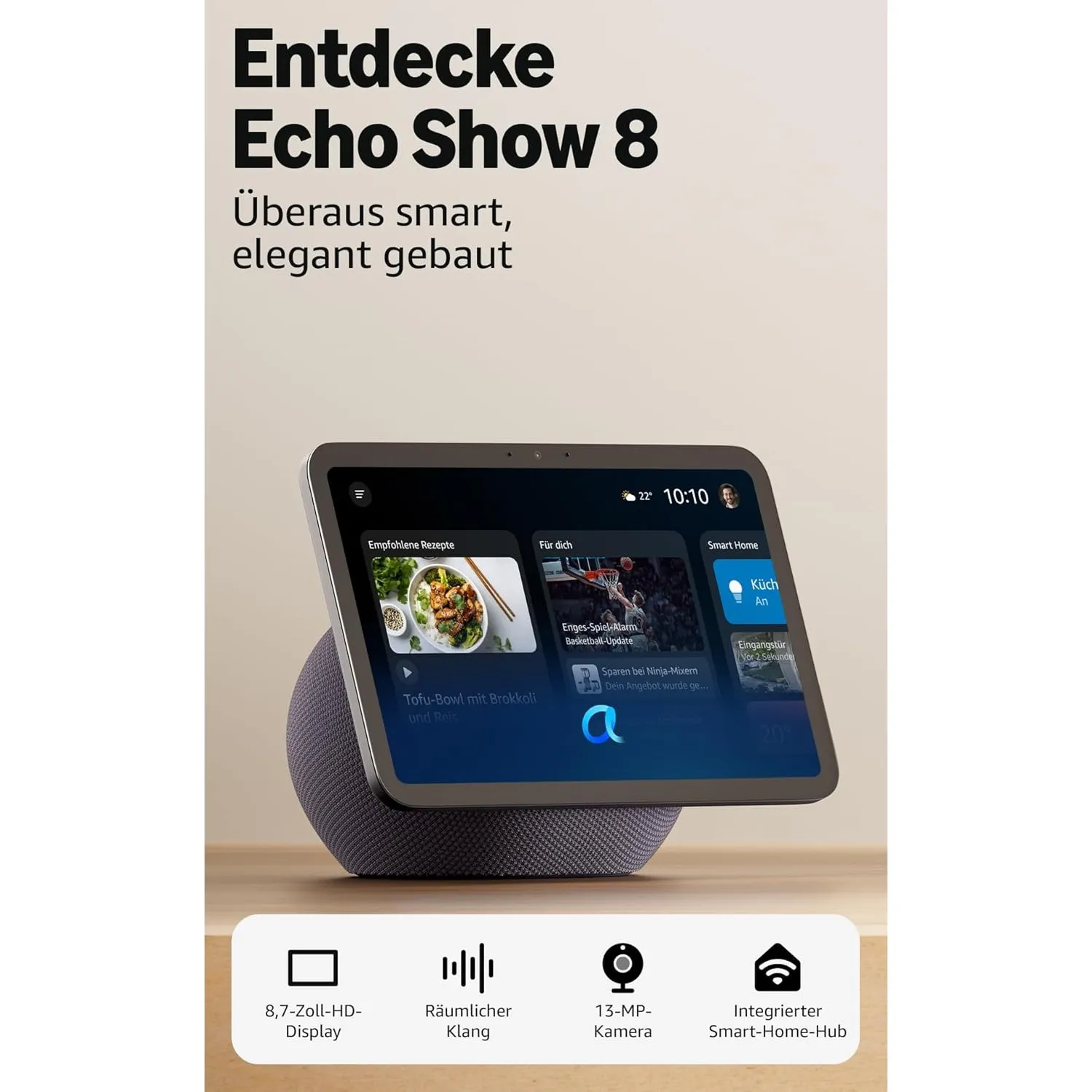 Amazon Echo Show 8 (neueste Generation), brillantes 8,7-Zoll-Display in HD-Auflösung mit raumfüllendem und 3D-Audio, Gr…