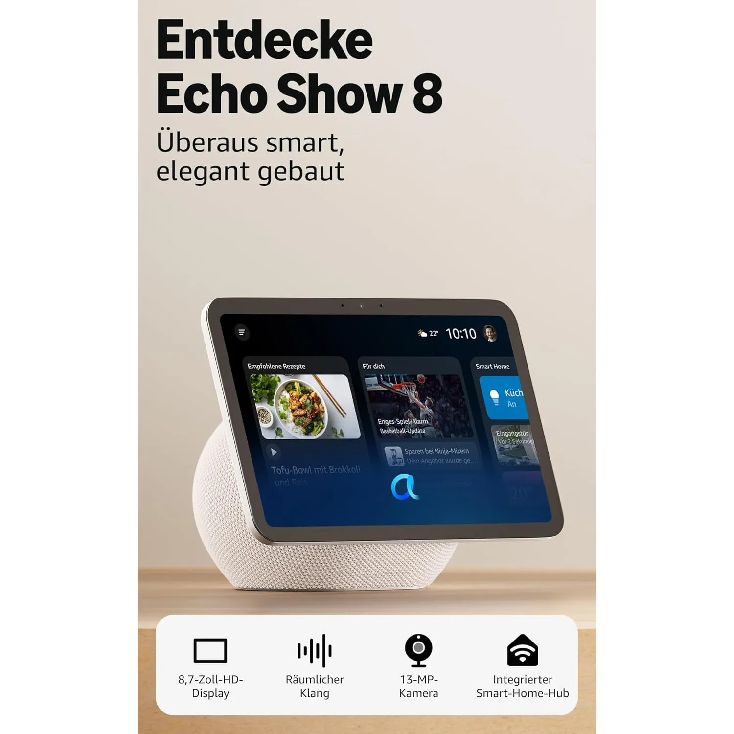 Amazon Echo Show 8 (neueste Generation), brillantes 8,7-Zoll-Display in HD-Auflösung mit raumfüllendem und 3D-Audio, We…
