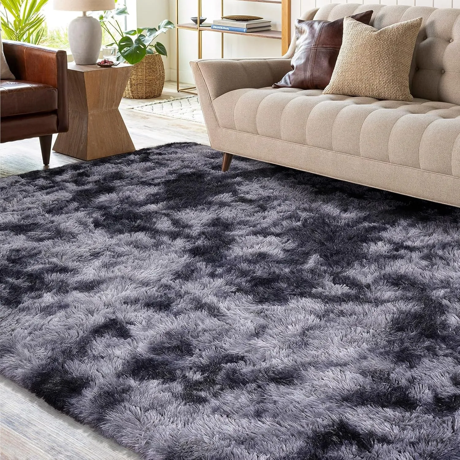 XSIVOD Hochflor Teppich Dunkelgrau 200x230 cm, Weicher Teppich Wohnzimmer